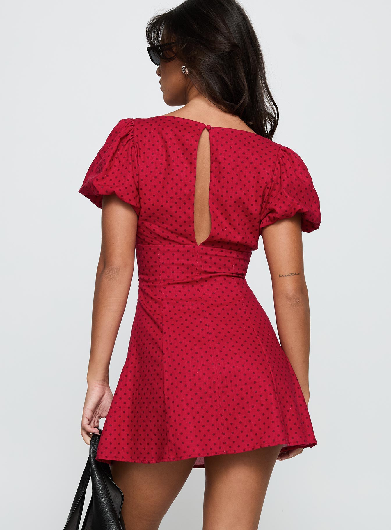 Beloved Puff Sleeve Linen Blend Mini Dress Red Polka - Image 5