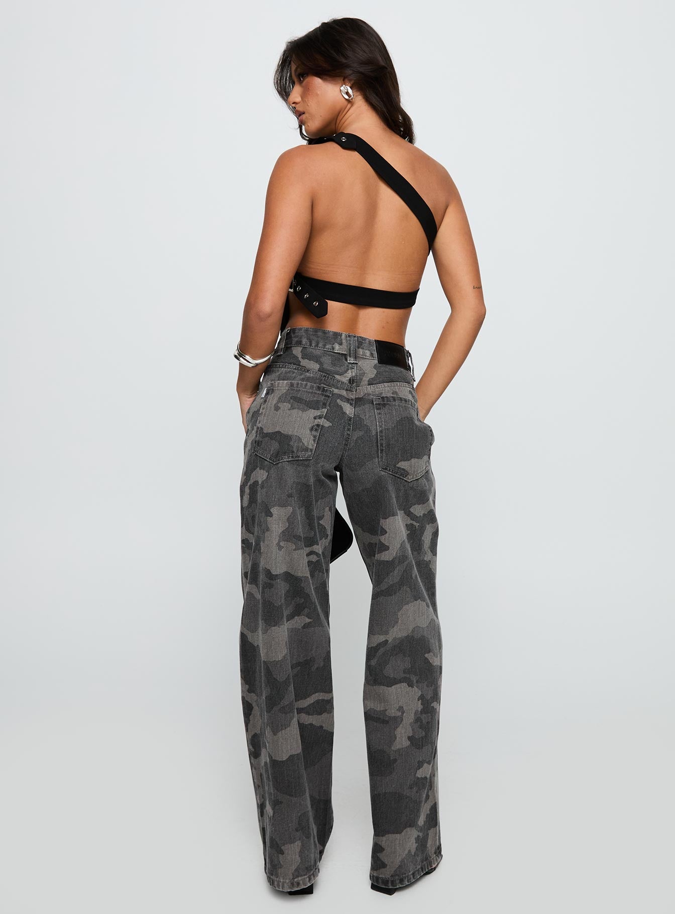 Big Talk Mid Rise Straight Leg Jeans Grey Washed Camo - Image 5