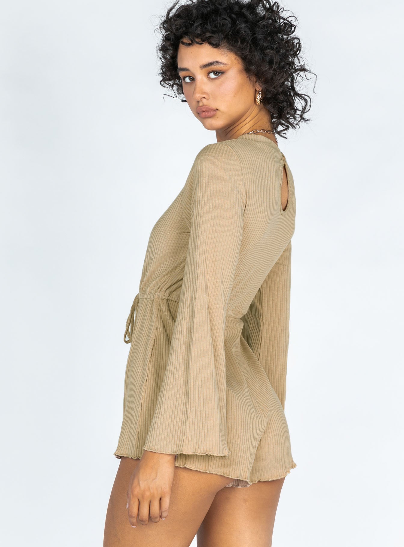 Aiken Long Sleeve Beige Romper - Image 4
