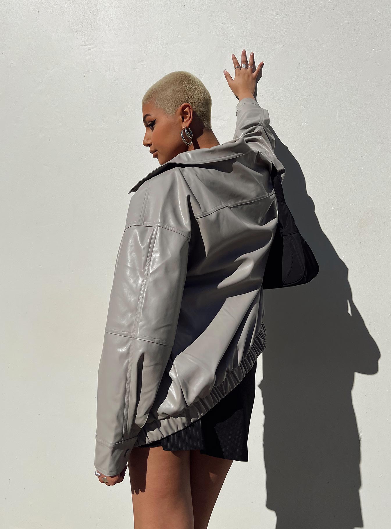 Braelynn Faux Leather Bomber Jacket Grey - Image 6