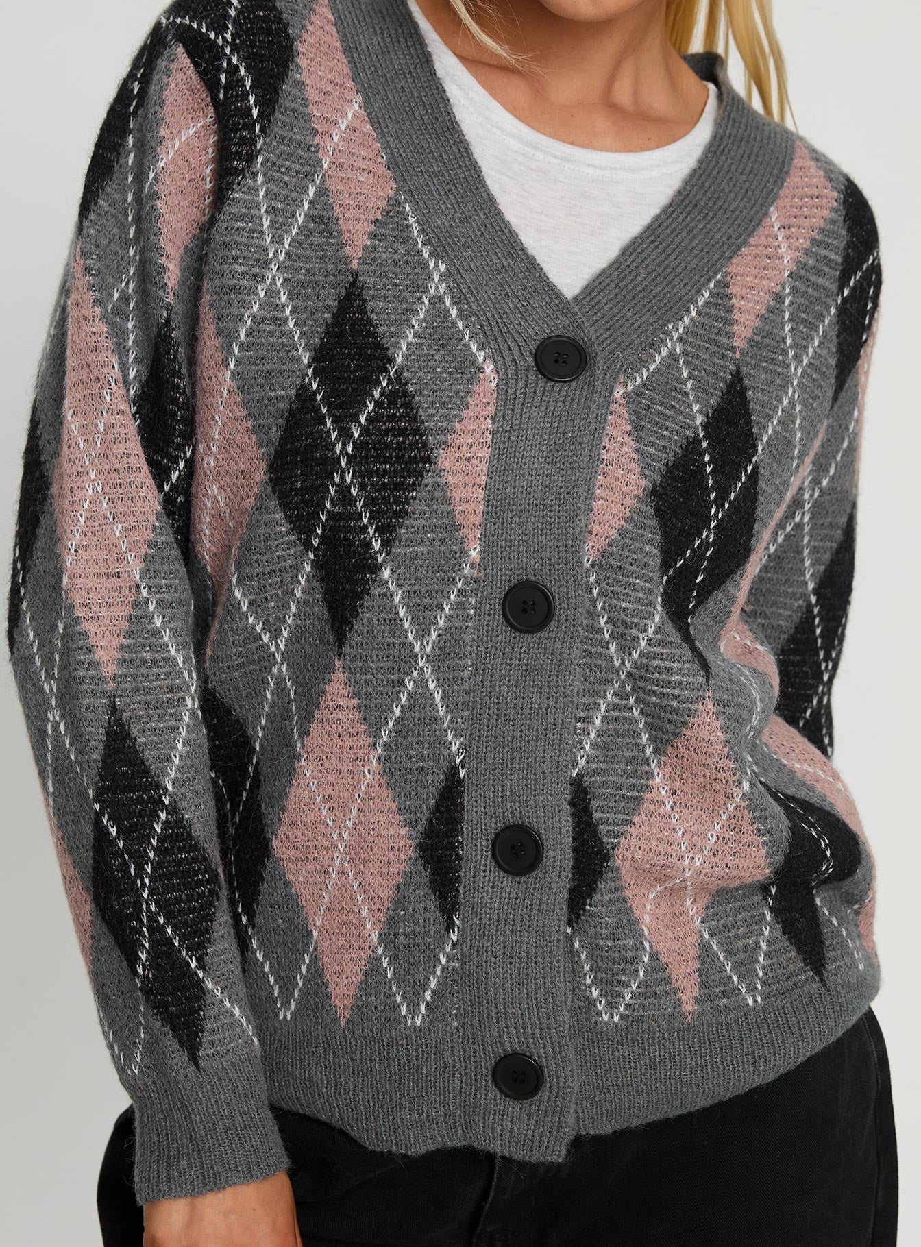 Zeeva Button Through Knit Cardigan Grey Argyle - Image 6