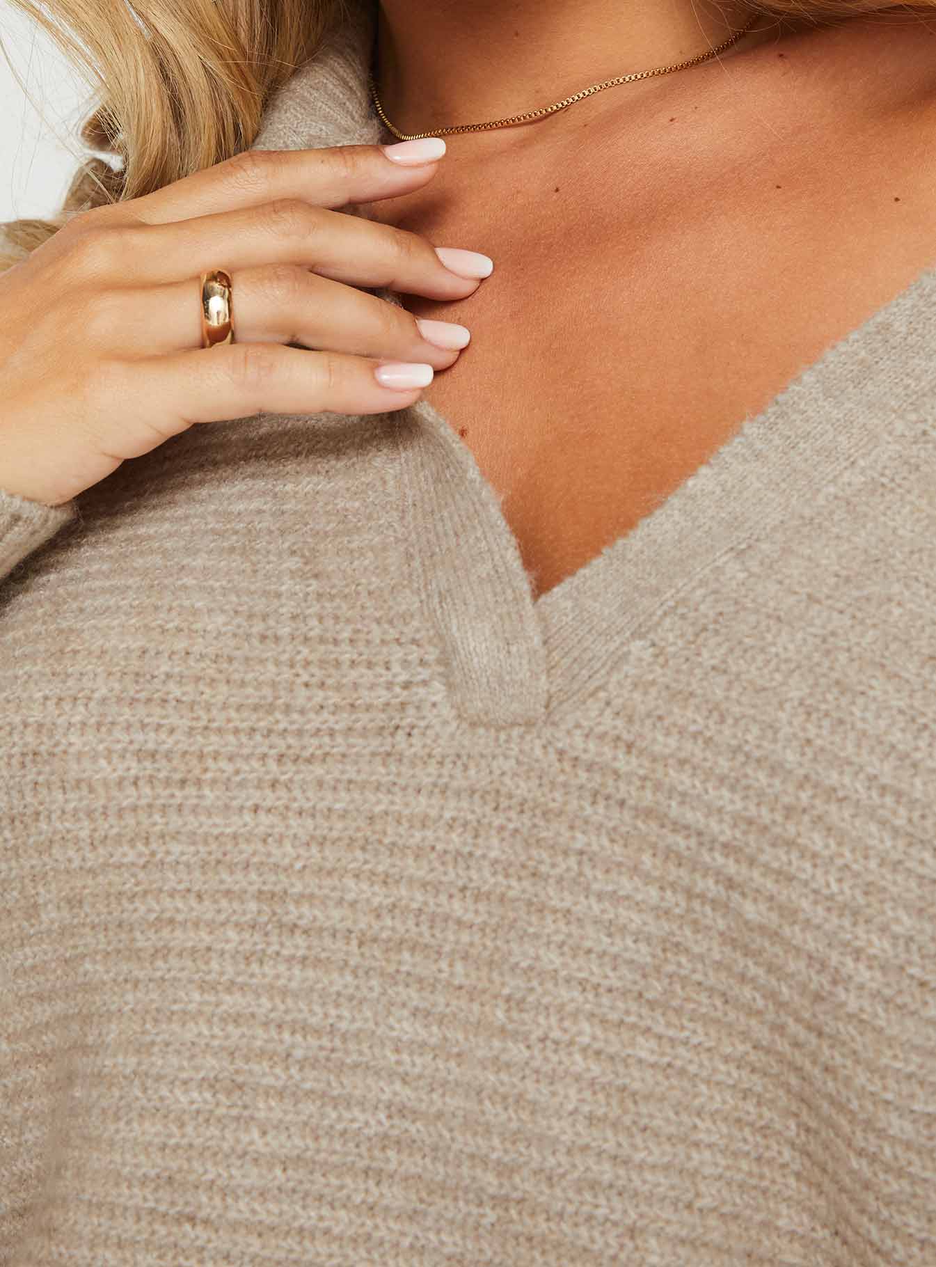 Bella Notched Neck Sweater Beige - Image 5
