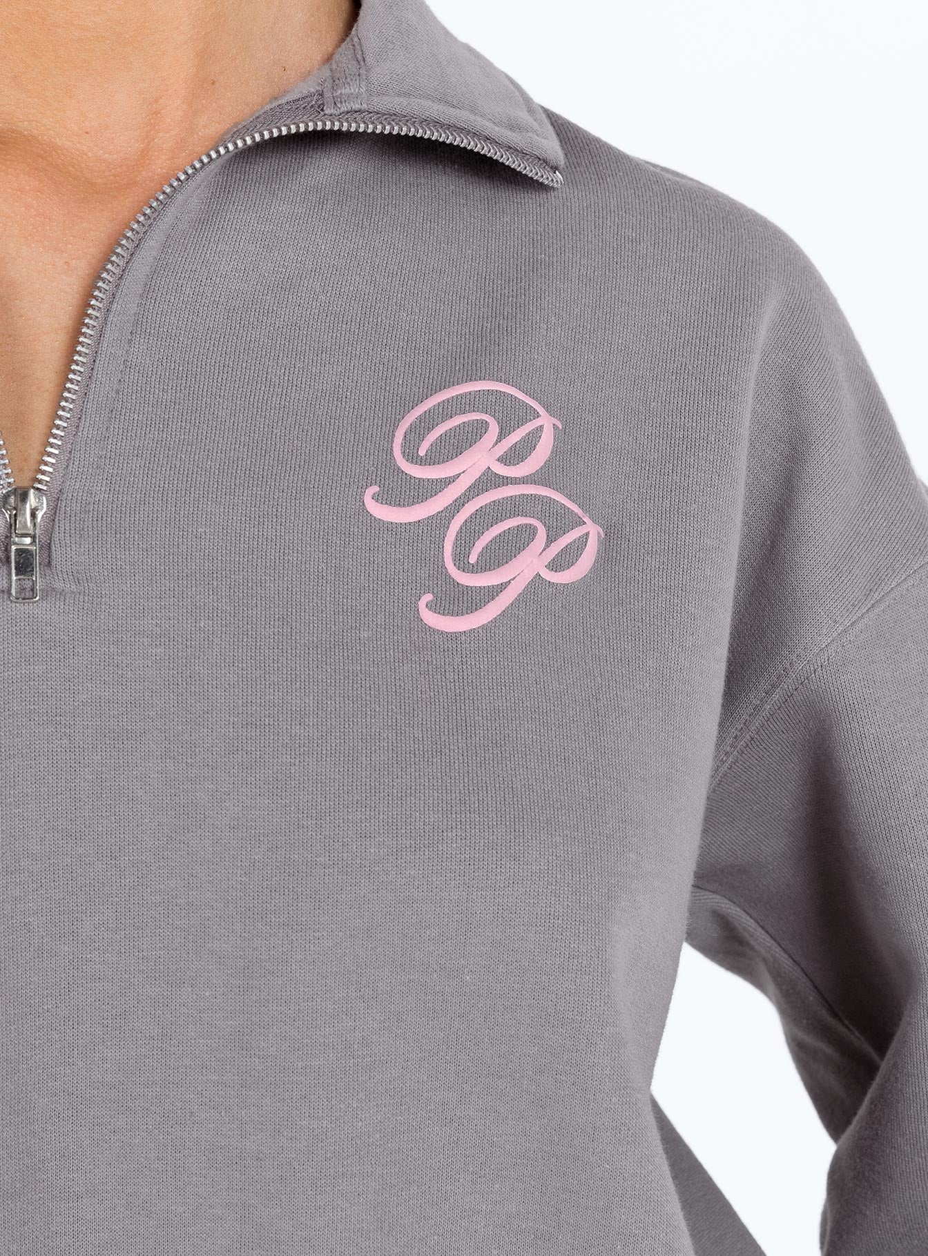 Princess Polly Quarter Zip Sweatshirt Cursive Text Charcoal / Light Pink - Image 6