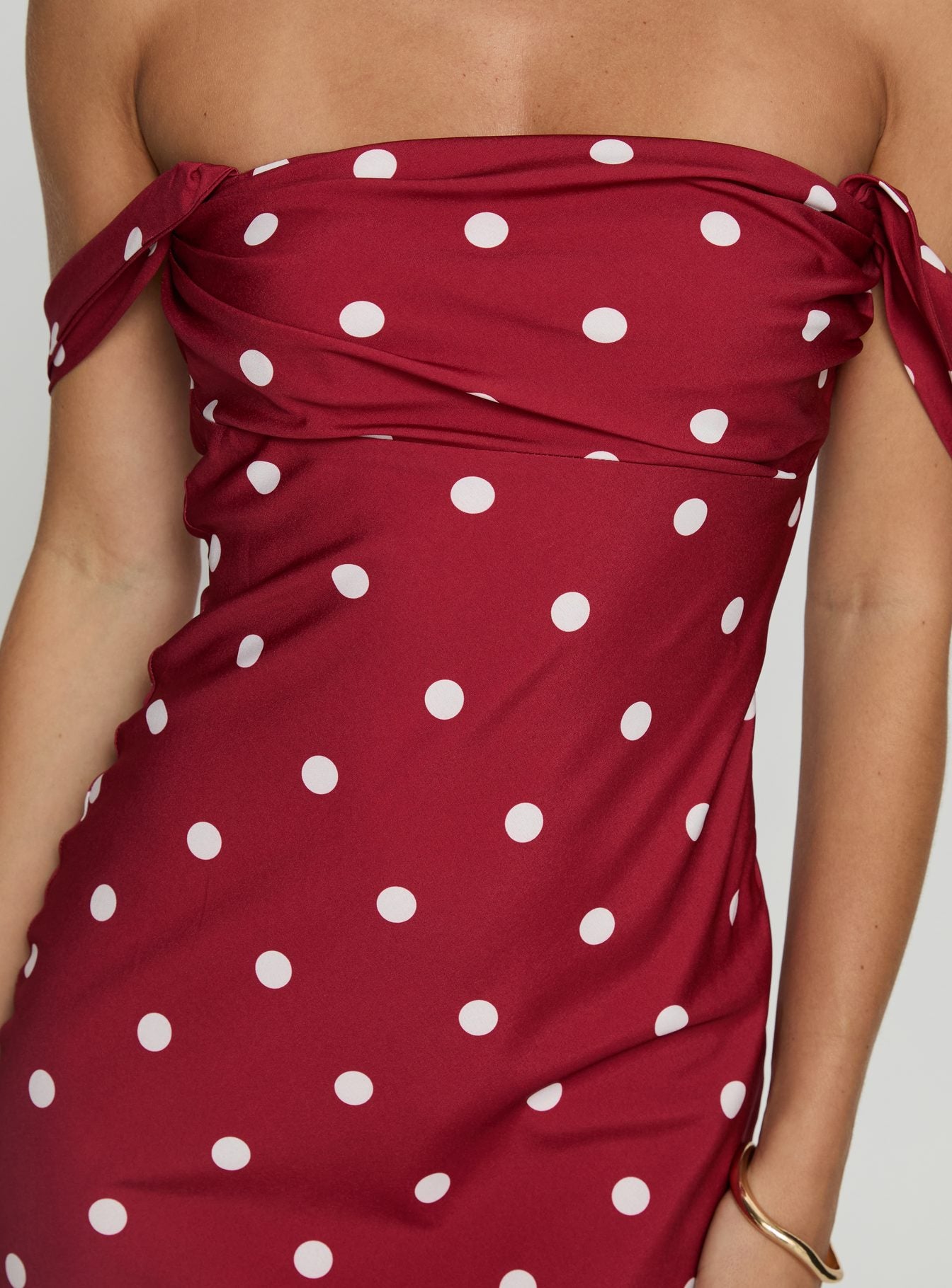 End Credits Off Shoulder Pleat Maxi Dress Red / Polka Dot - Image 5