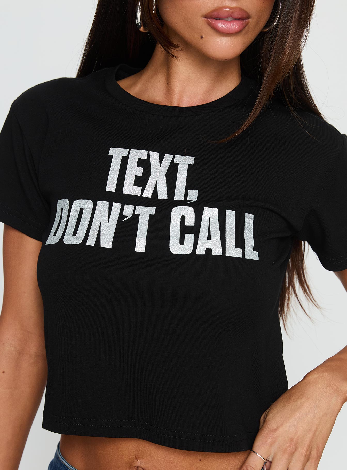 Text. Don't Call Shimmer Graphic Top Black - Image 6