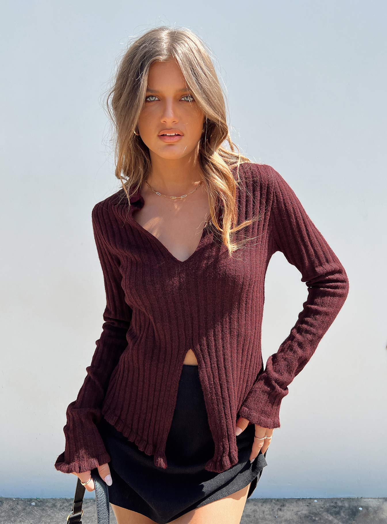 Lahey Long Sleeve Polo Knit Top Maroon - Image 6