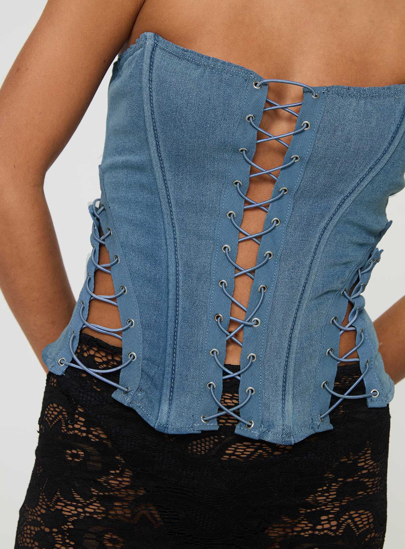 Eden Lace Up Corset Denim Mid Wash - Image 6