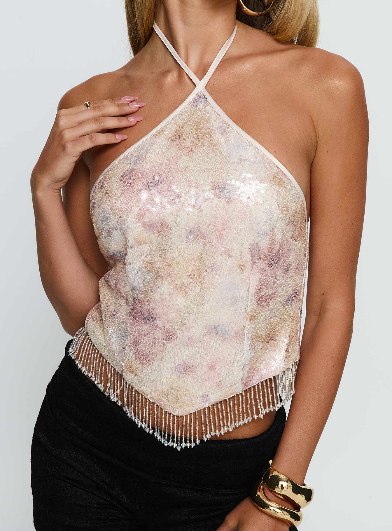 Udelle Sequin Fringey Halter Top Cream Sequin - Image 6