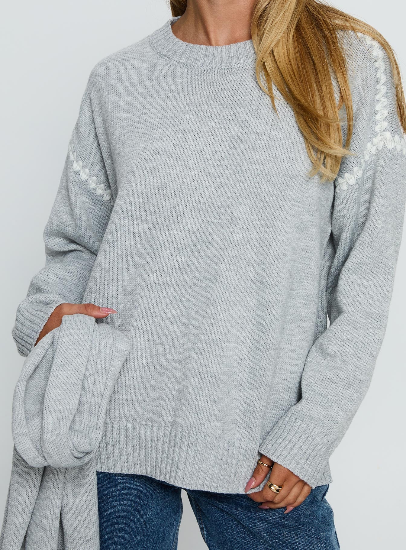 Keriana Contrast Stitch Knit Sweater Grey / White - Image 6