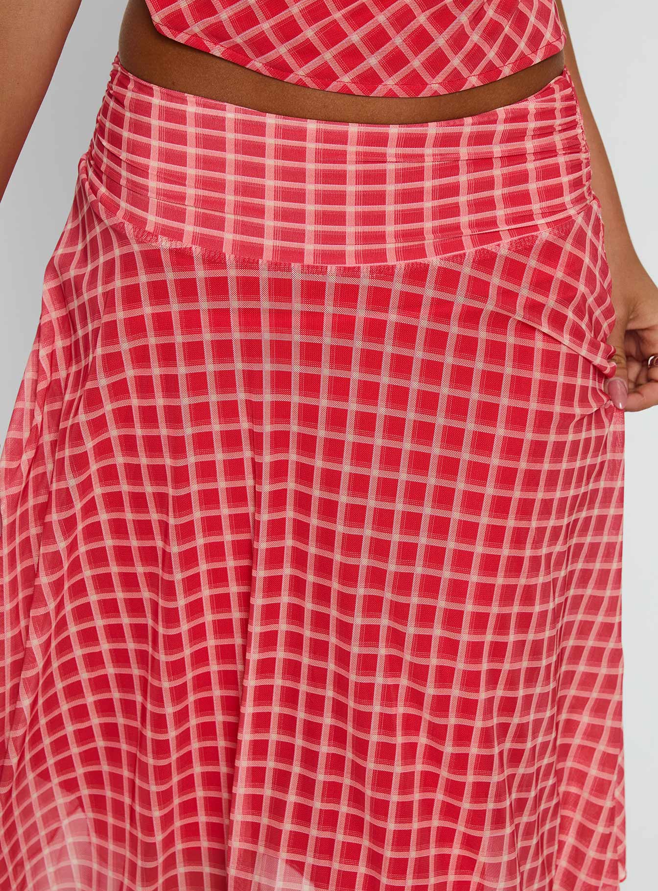 Scenic Route Asymmetrical Midi Skirt Red Check - Image 6