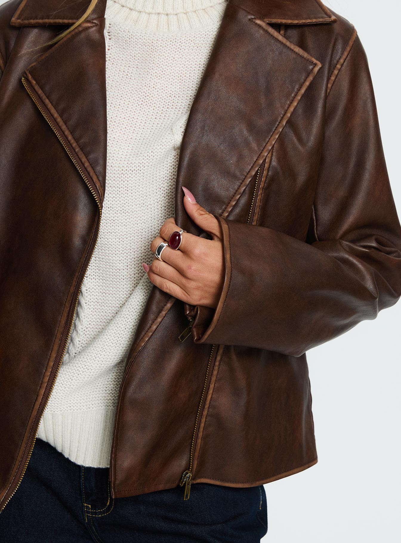 Vyolette Faux Leather Collared Jacket Washed Brown - Image 6