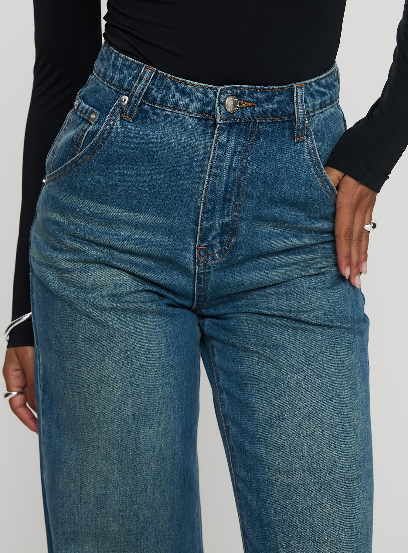 Hustler High Rise Straight Leg Denim Jean Washed Blue - Image 5