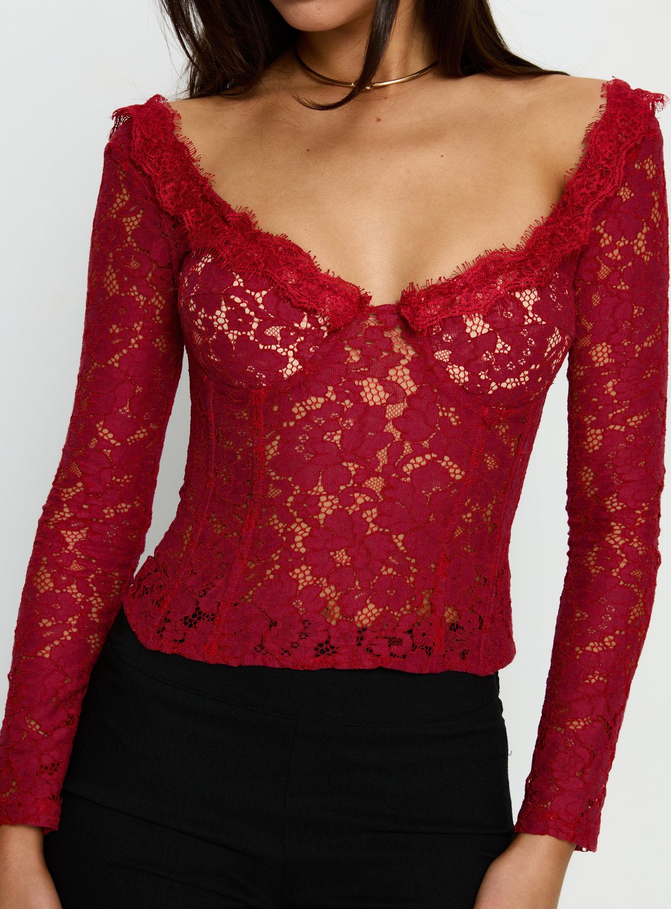 Miquela Long Sleeve Corset Lace Top Red - Image 6