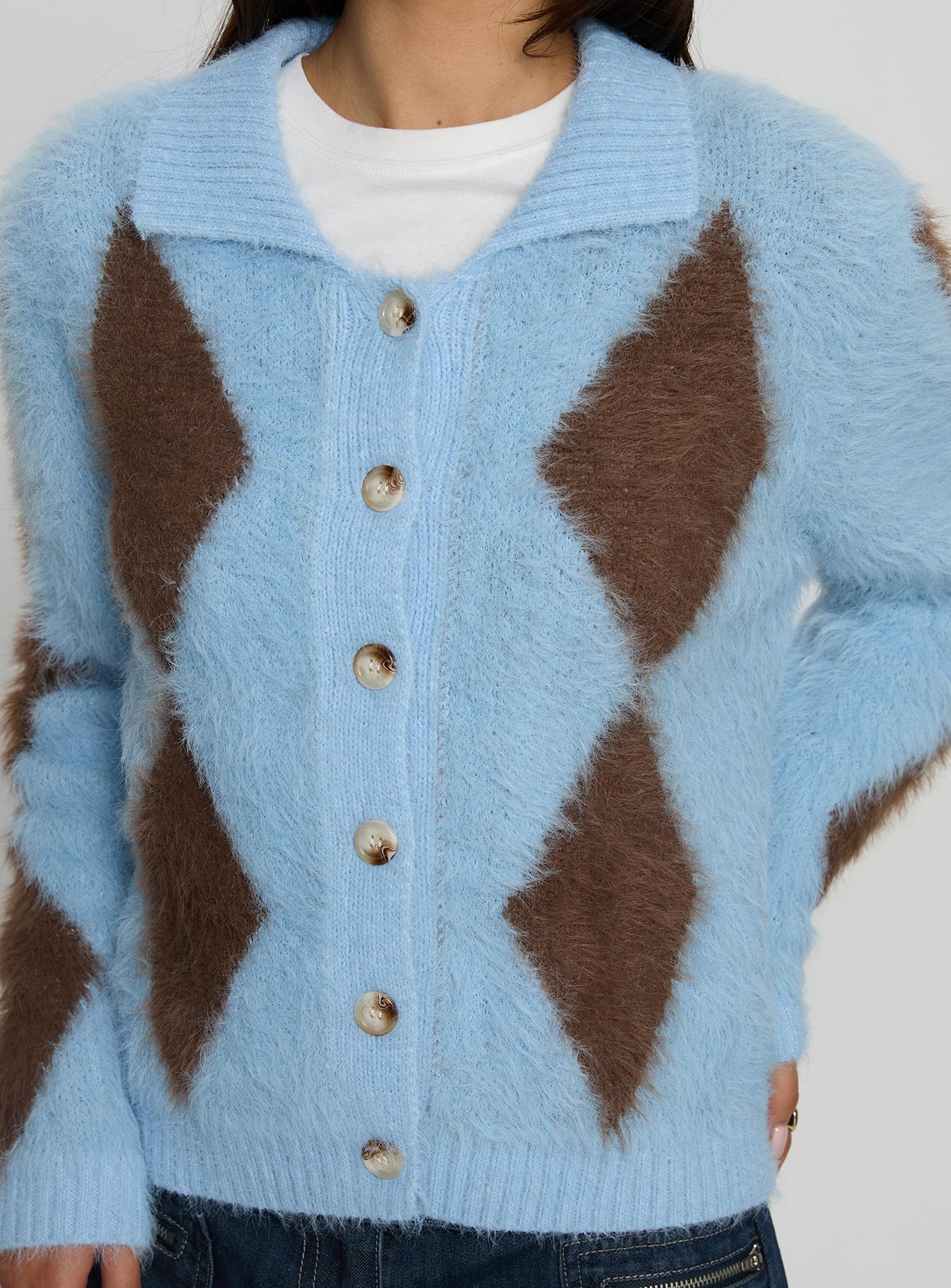 Lynnsey Fluffy Collared Knit Sweater Blue Argyle - Image 6