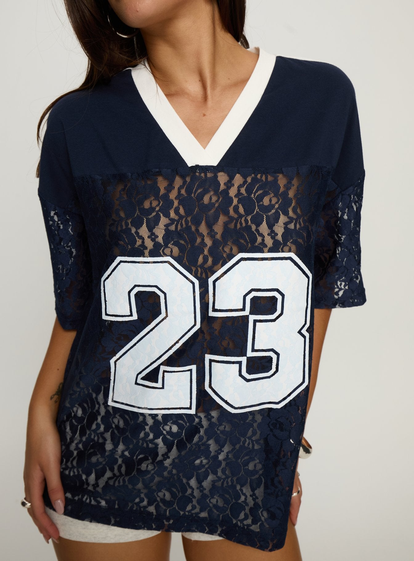 Lucky 23 Lace Jersey Graphic Top Navy - Image 6