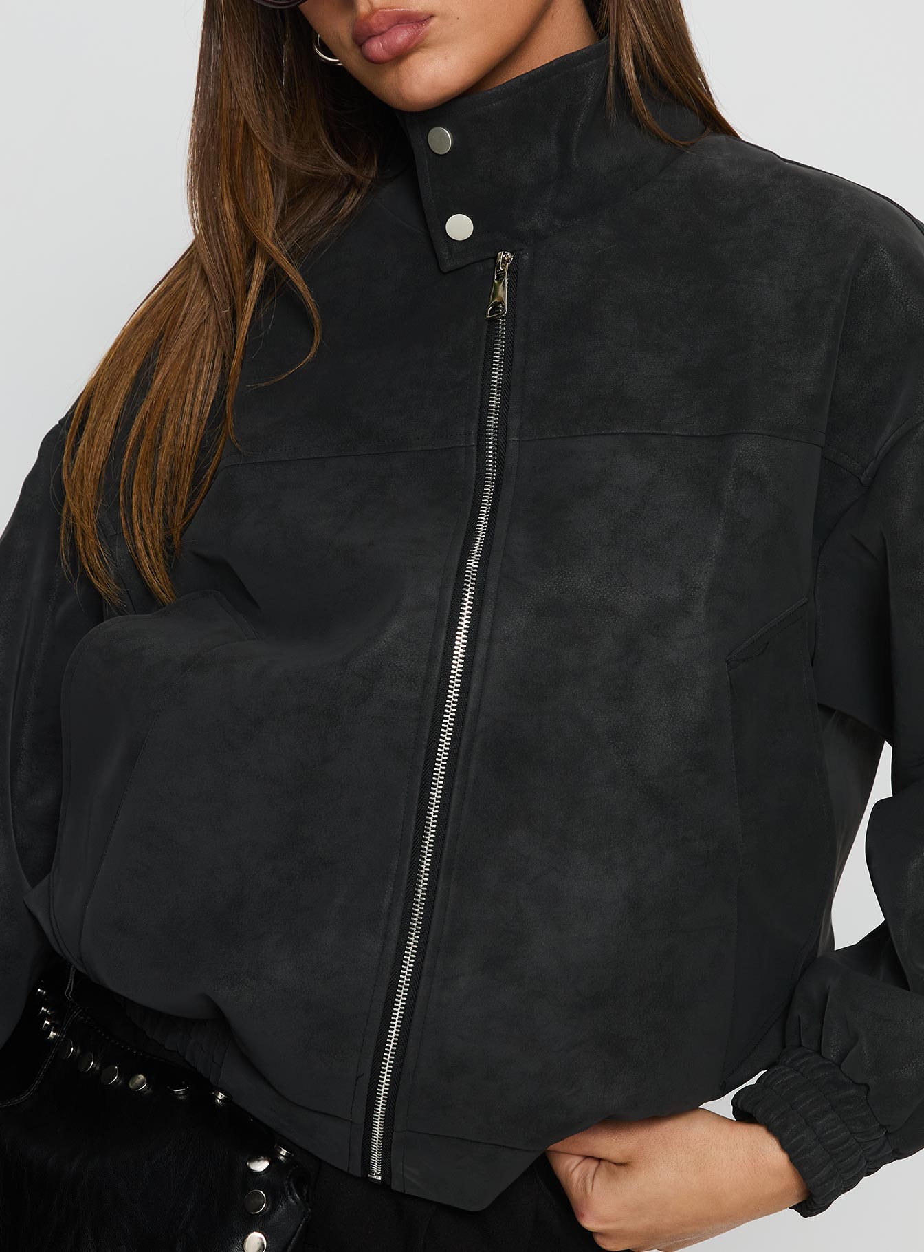 Ellissa Faux Suede Bomber Jacket Black - Image 6