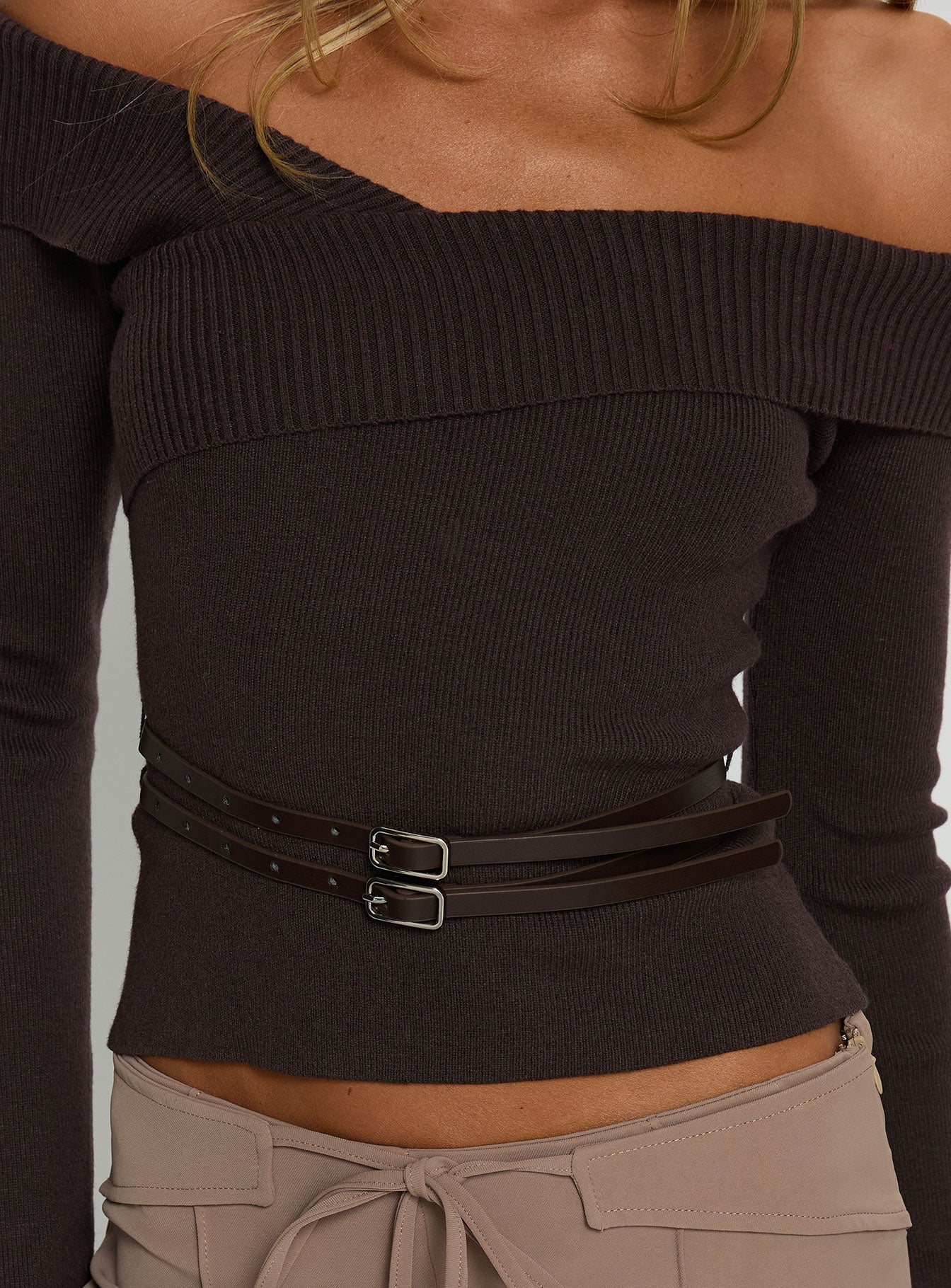 Ellenore Belt Detail Off Shoulder Top Brown - Image 6