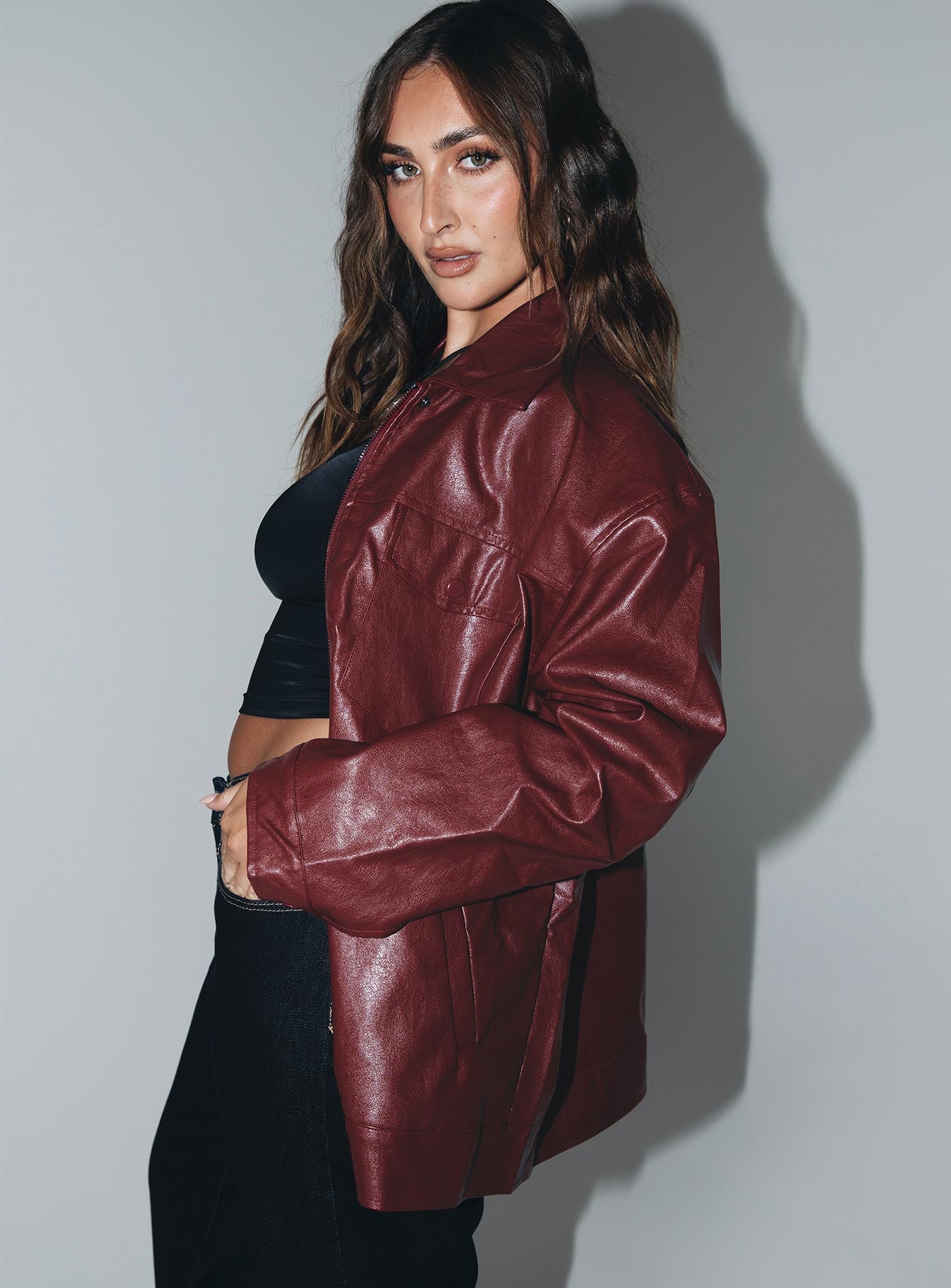 Callie Faux Leather Jacket Burgundy - Image 9