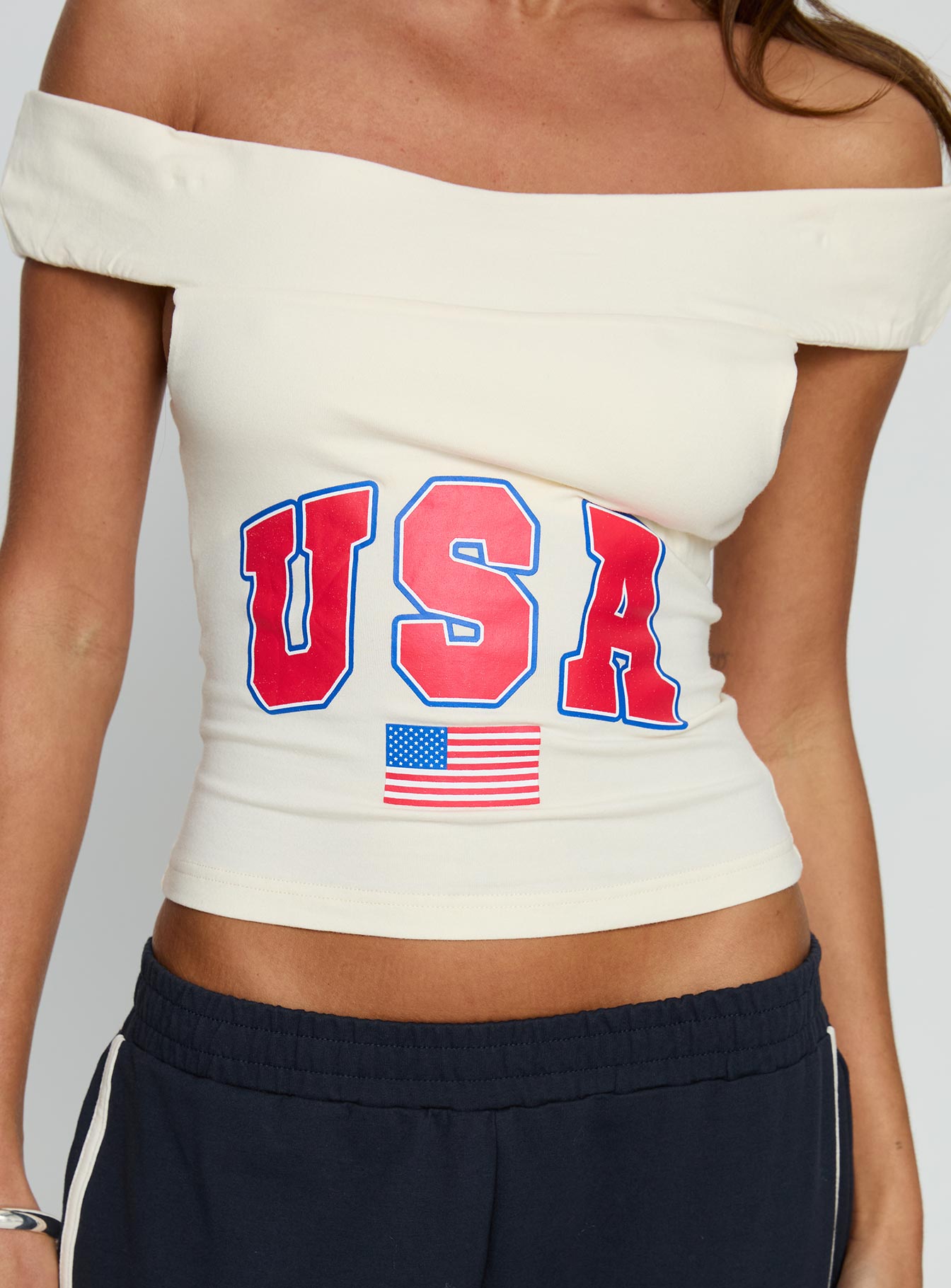 American Spirit Off the Shoulder Graphic Top Cream - Image 5