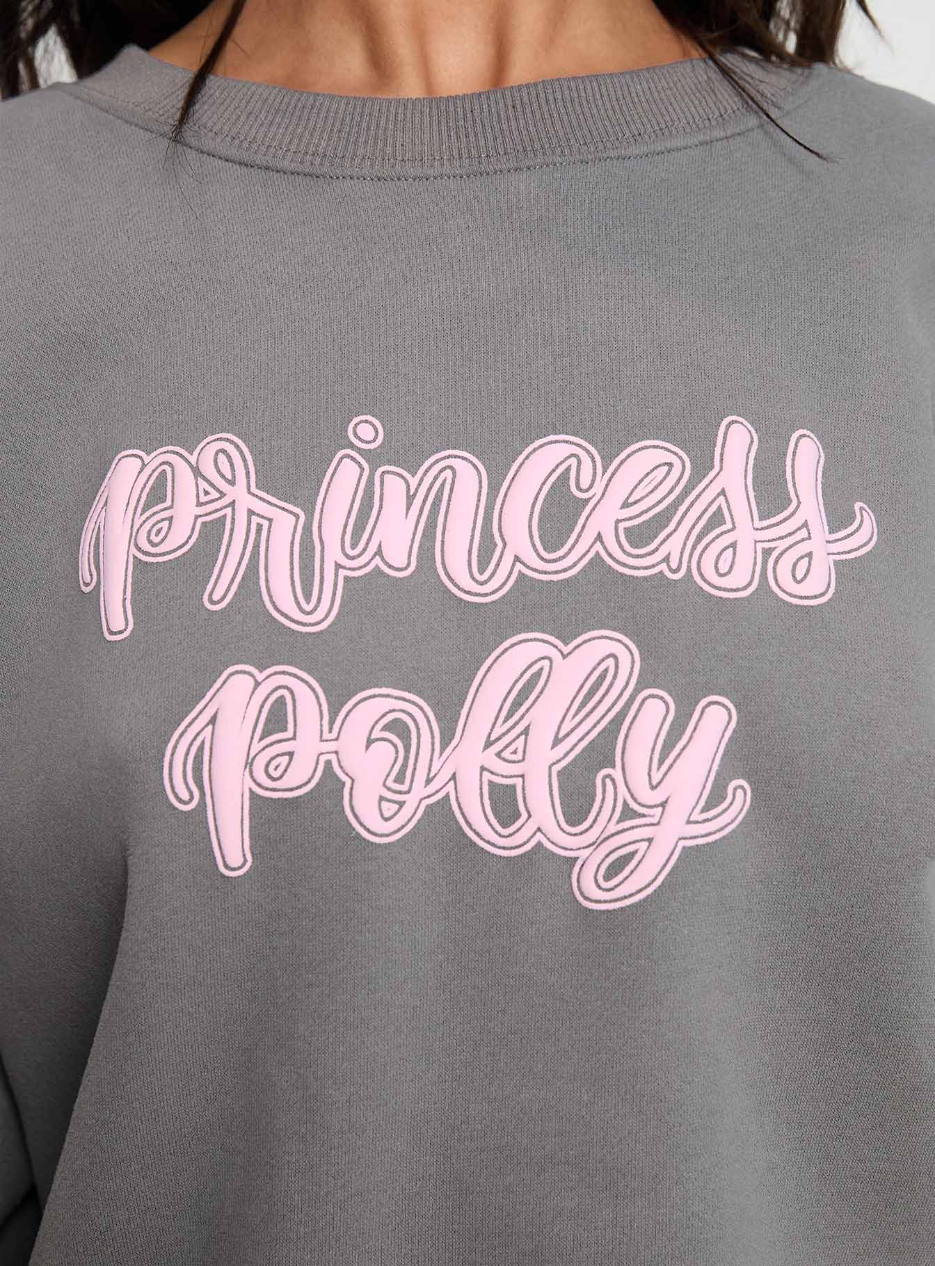 Princess Polly Crew Neck Sweatshirt Puff Text Charcoal - Image 6