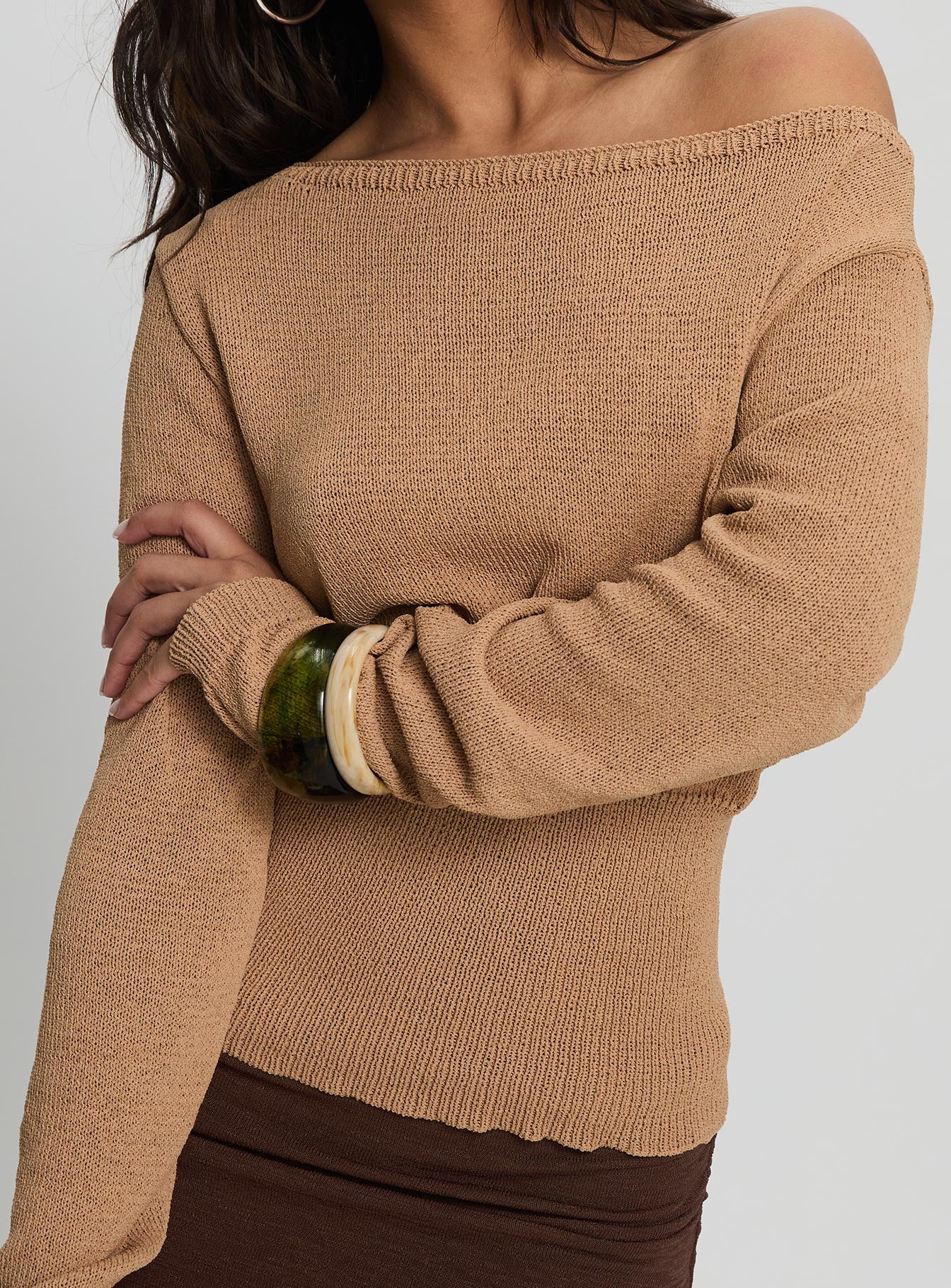 Xaria Off Shoulder Knit Sweater Tan - Image 6