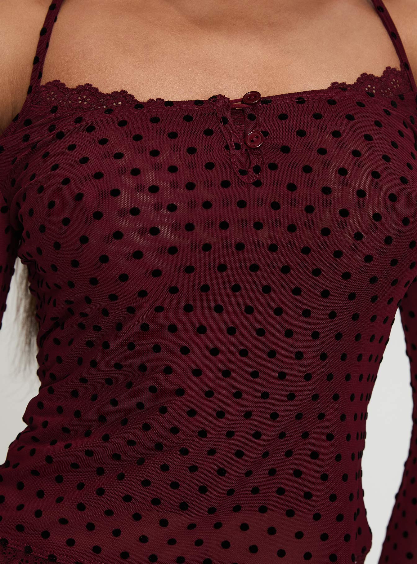 On My Side Off Shoulder Tie Neck Top Burgundy - Image 5