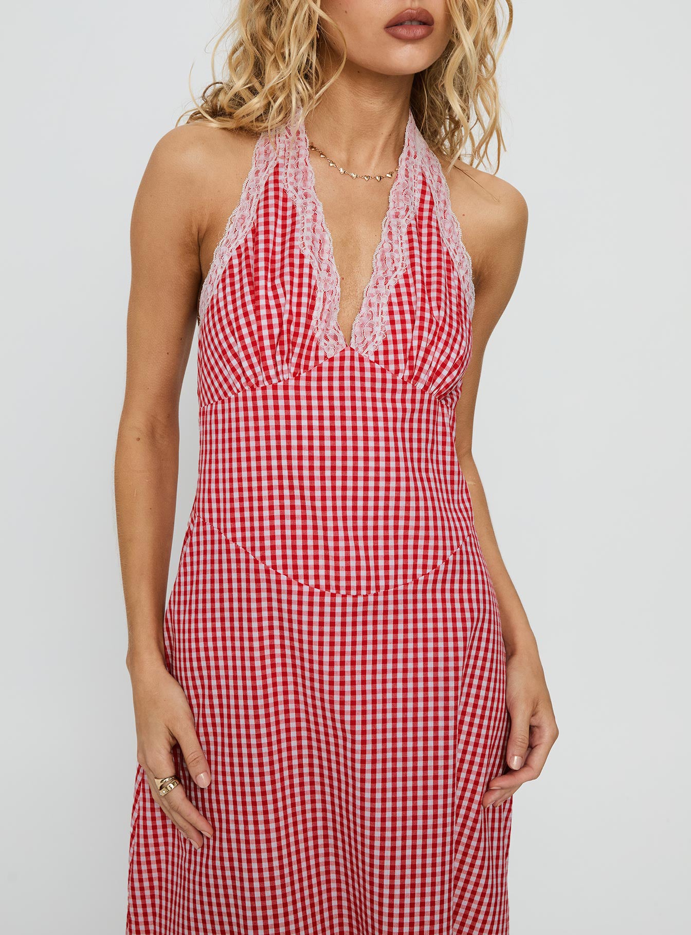 Betsie Halter Lace Maxi Dress Red Gingham - Image 6