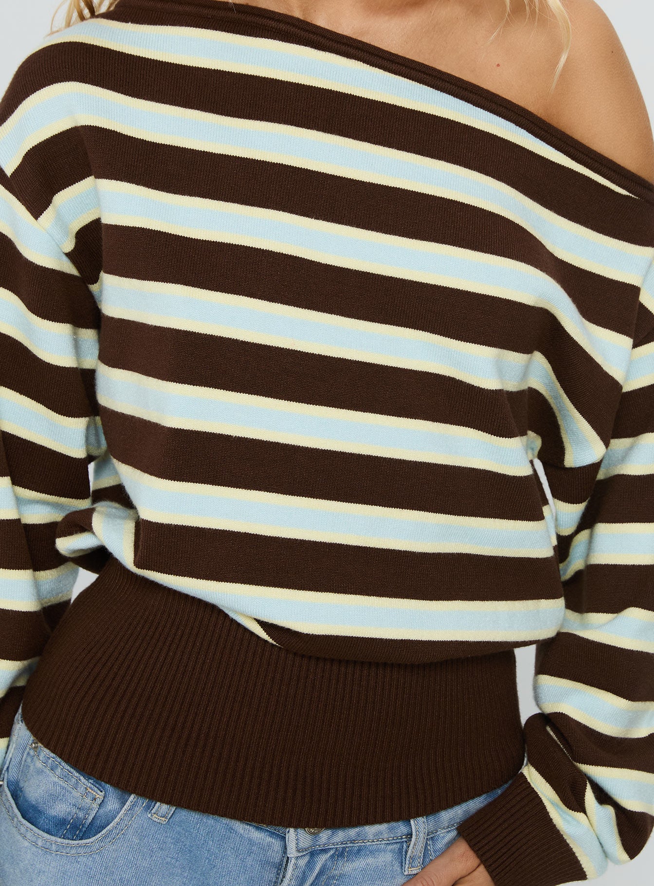 Zinia Off Shoulder Knit Sweater Brown / Blue Stripe - Image 6