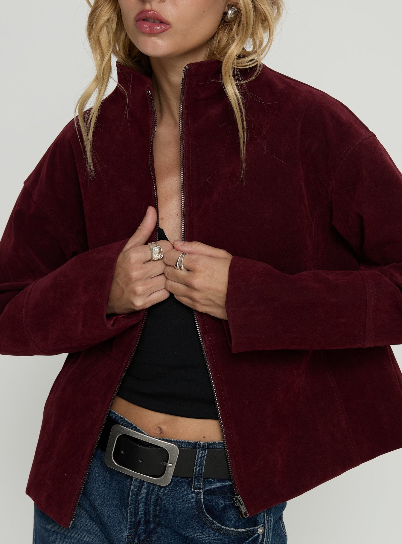 Jessalynn Faux Suede Zip Through Jacket Burgundy - Image 6