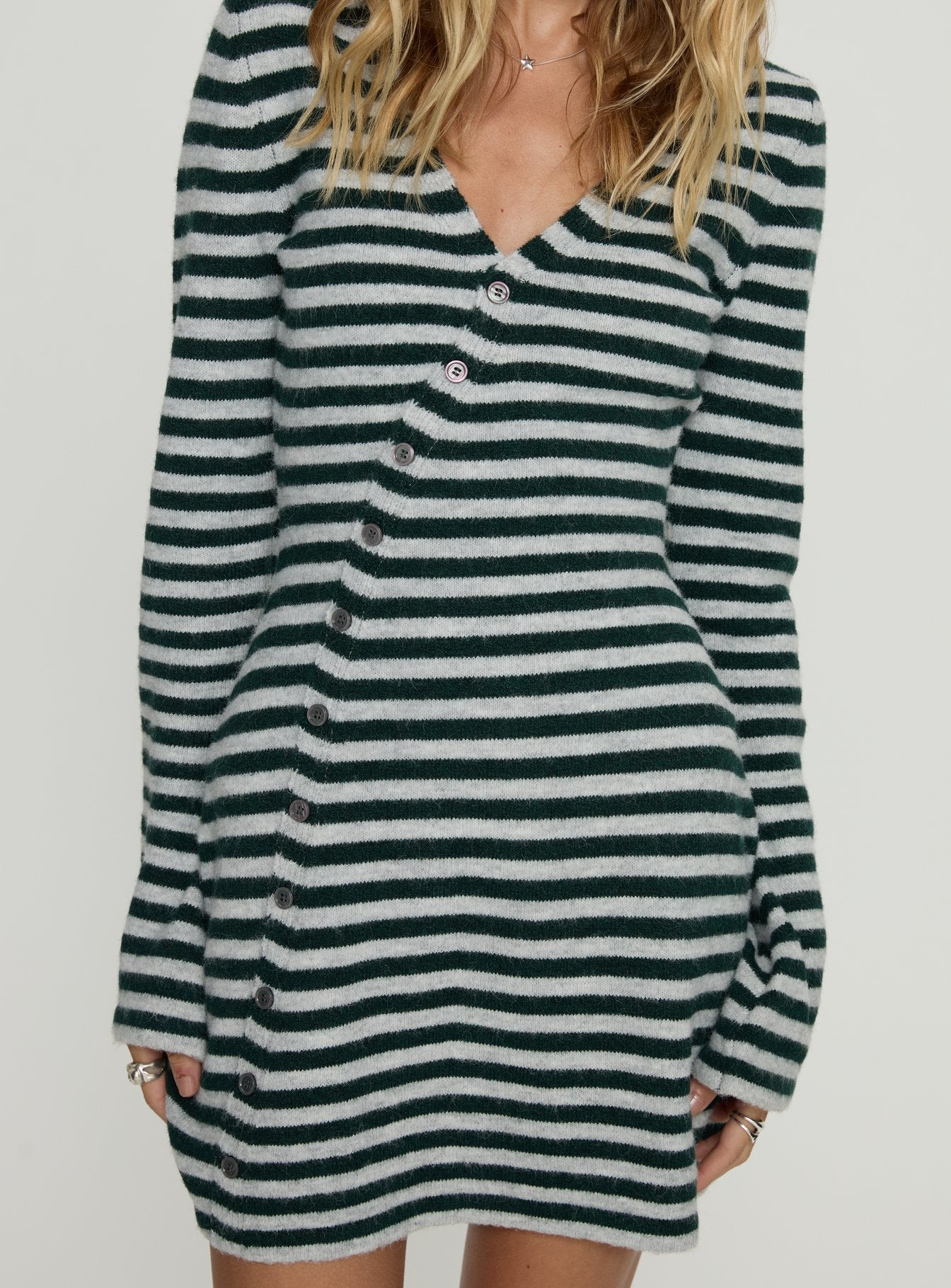 Morgen Asymmetrical Long Sleeve Mini Dress Grey / Green Stripe - Image 6