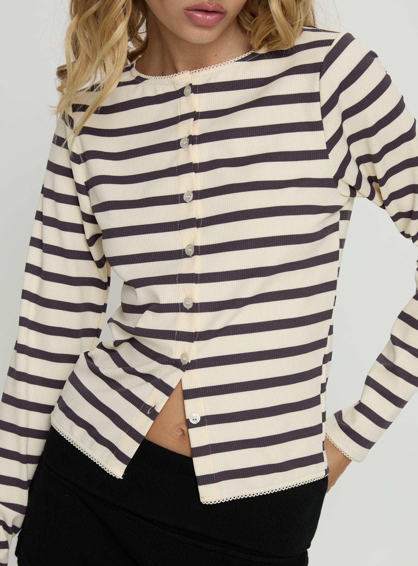 Marvella Button Up Long sleeve Top Dark Grey / Cream Stripe - Image 5