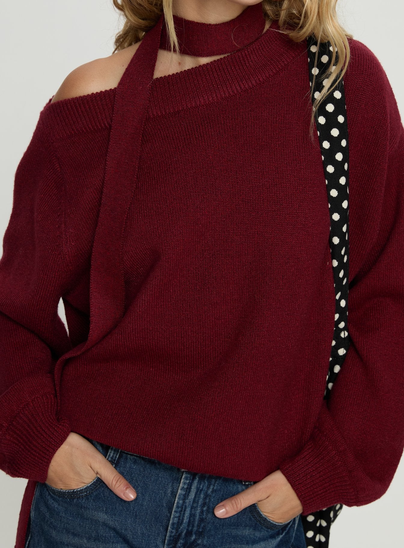 Ruthi Scarf Off Shoulder Knit Sweater Burgundy - Image 5