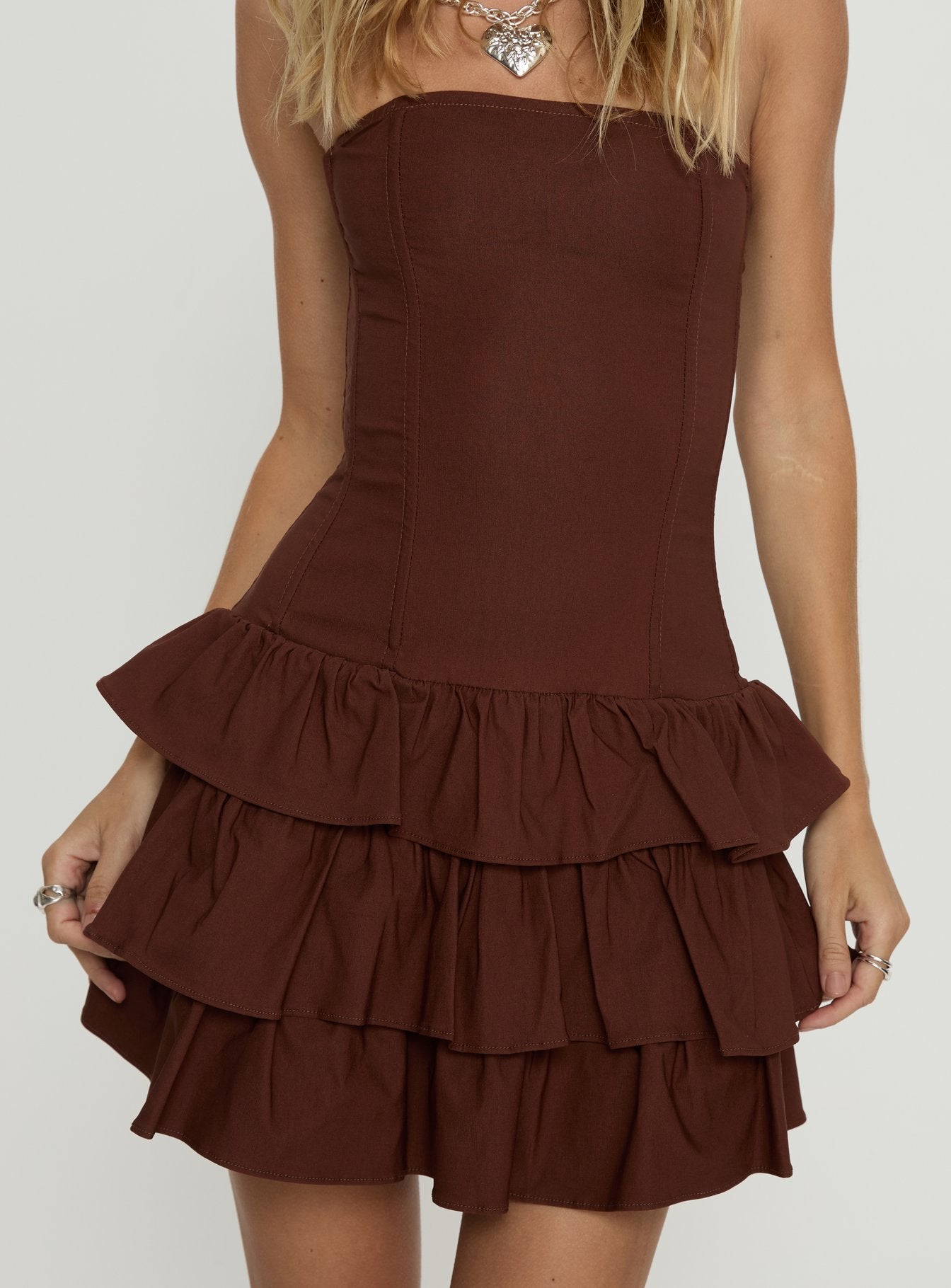Valentia Tiered Mini Dress Chocolate - Image 5