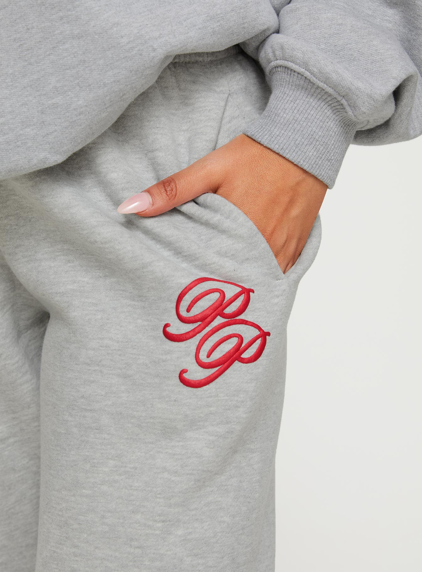 Princess Polly Track Pants Cursive Text Grey Marle/ Red - Image 6