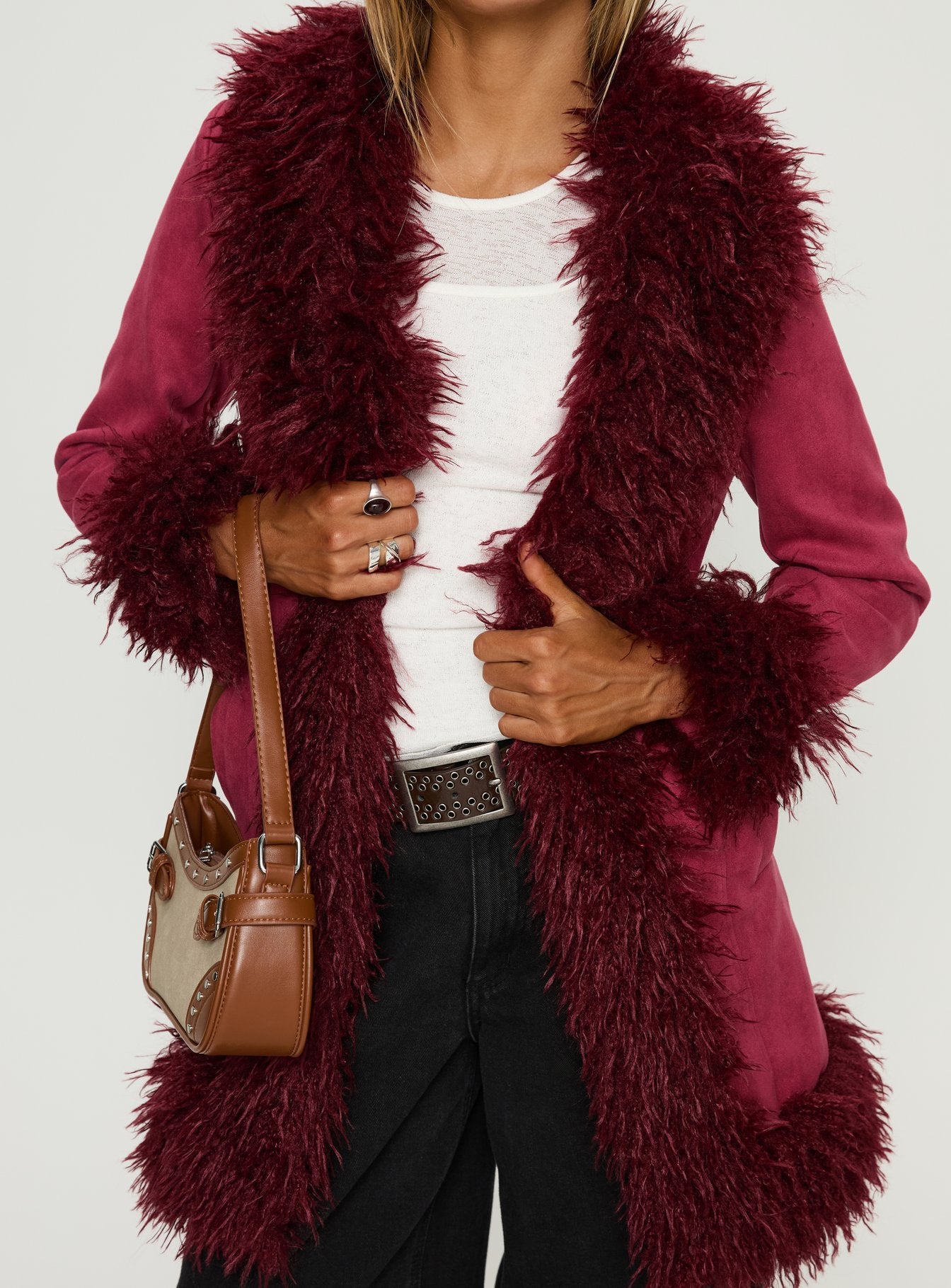 Josefina Faux Fur Detail Jacket Wine - Image 6