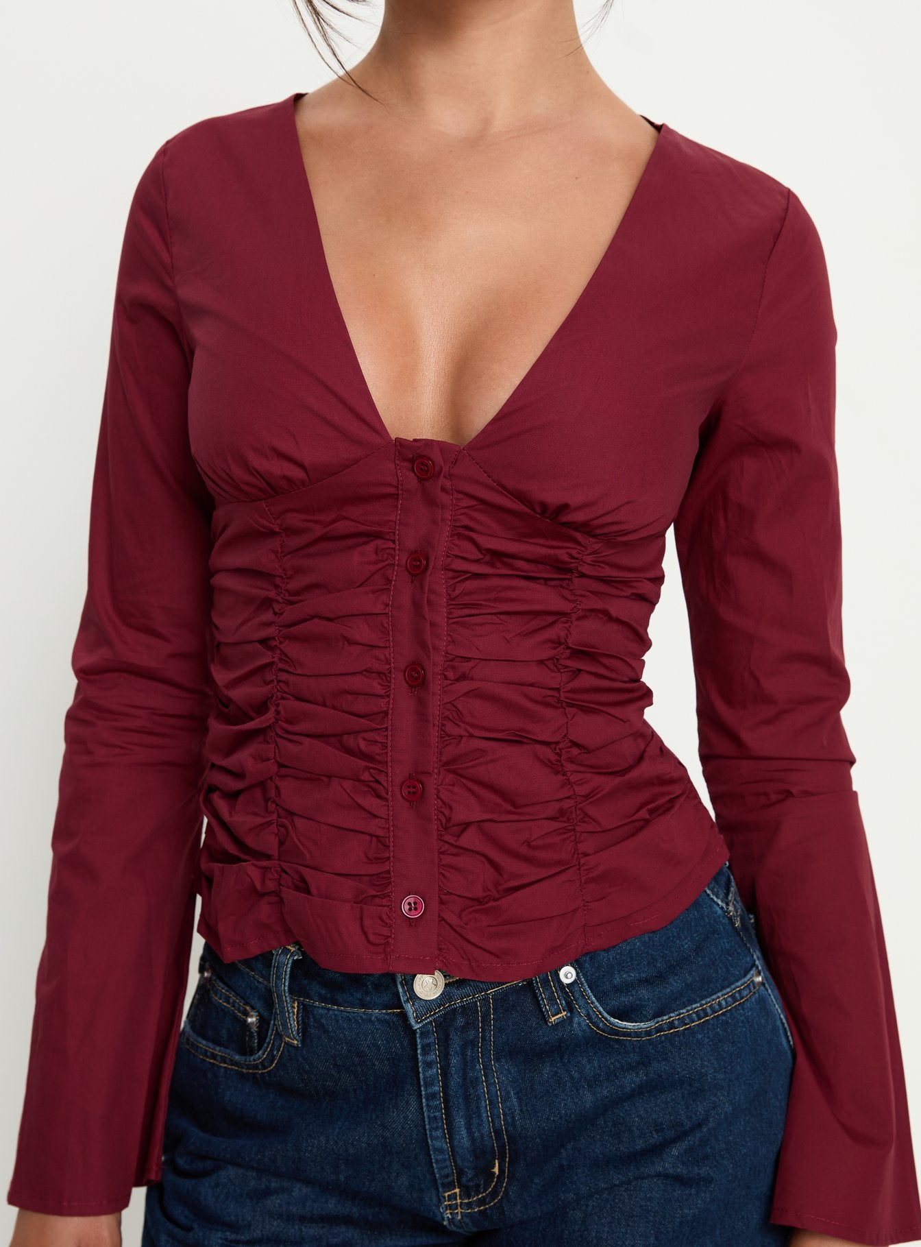 Zanetta Ruched Long Sleeve Top Burgundy - Image 5