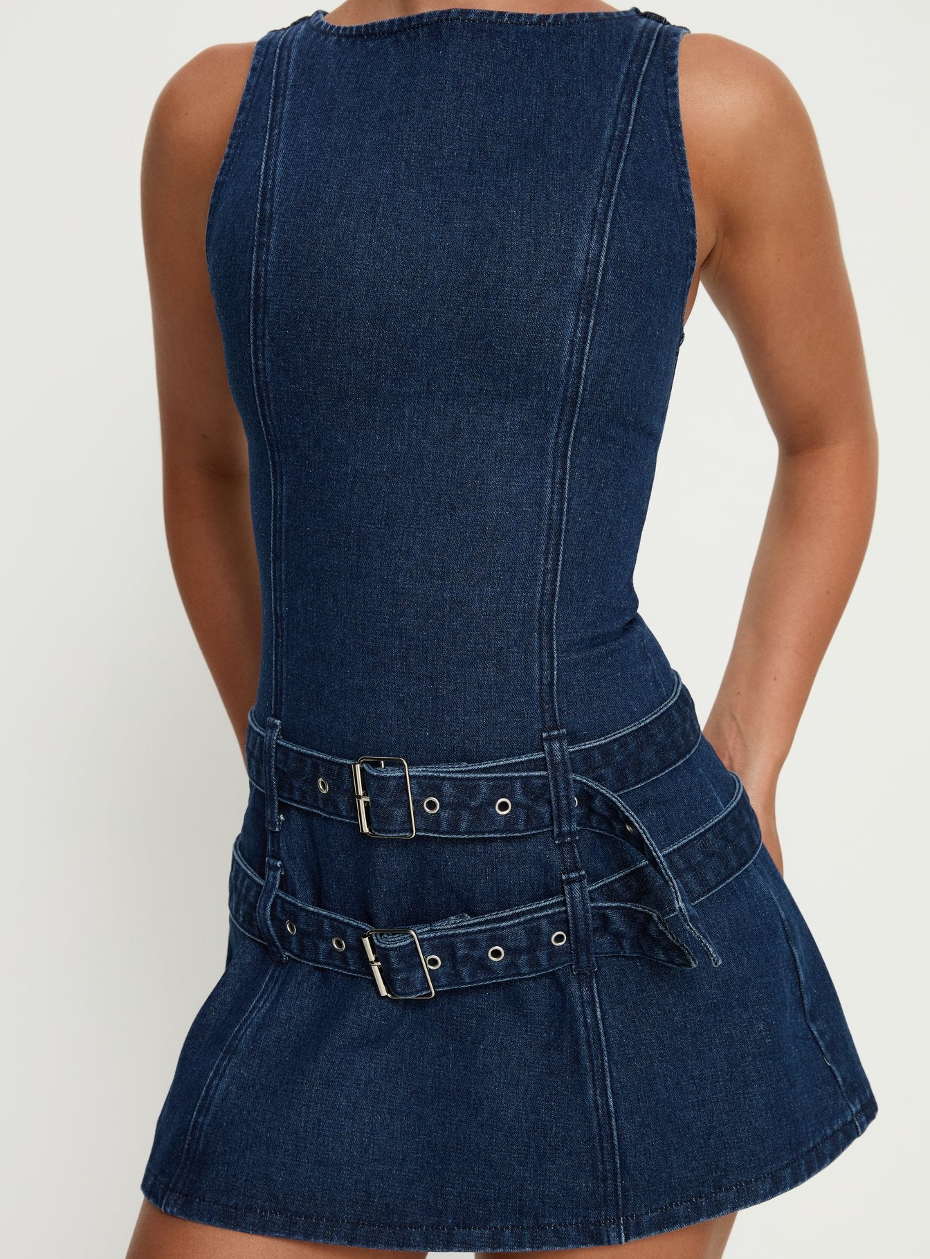 Kainer Denim Buckle Mini Dress Dark Blue Wash - Image 6