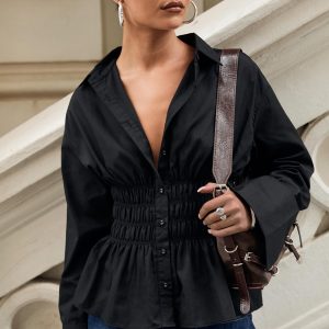 As You Are Shirred Button Up Top Black