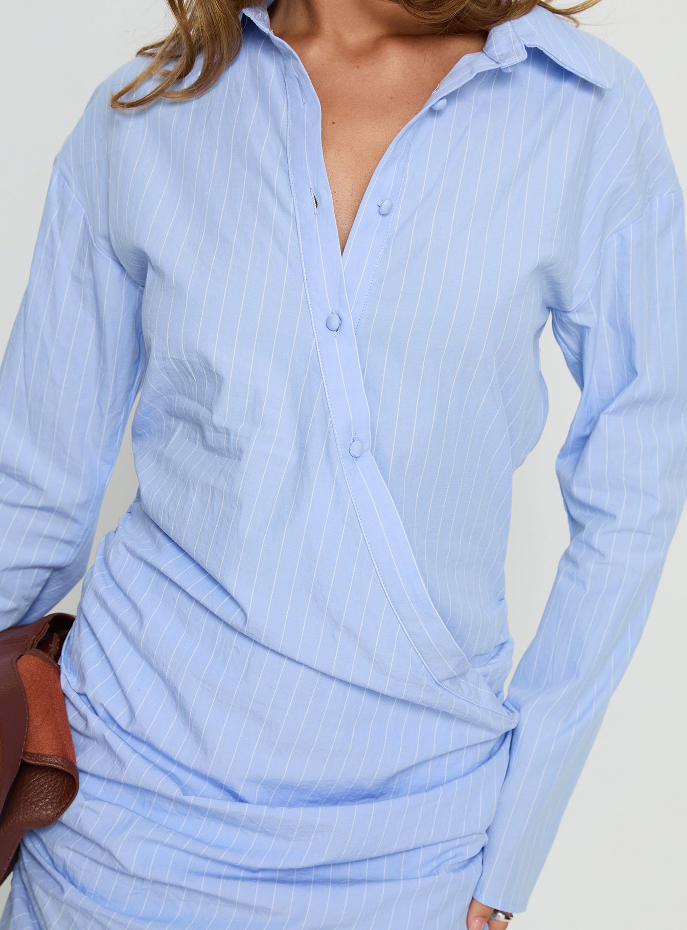 Well Versed Long Sleeve Ruched Shirt Mini Dress Blue - Image 6