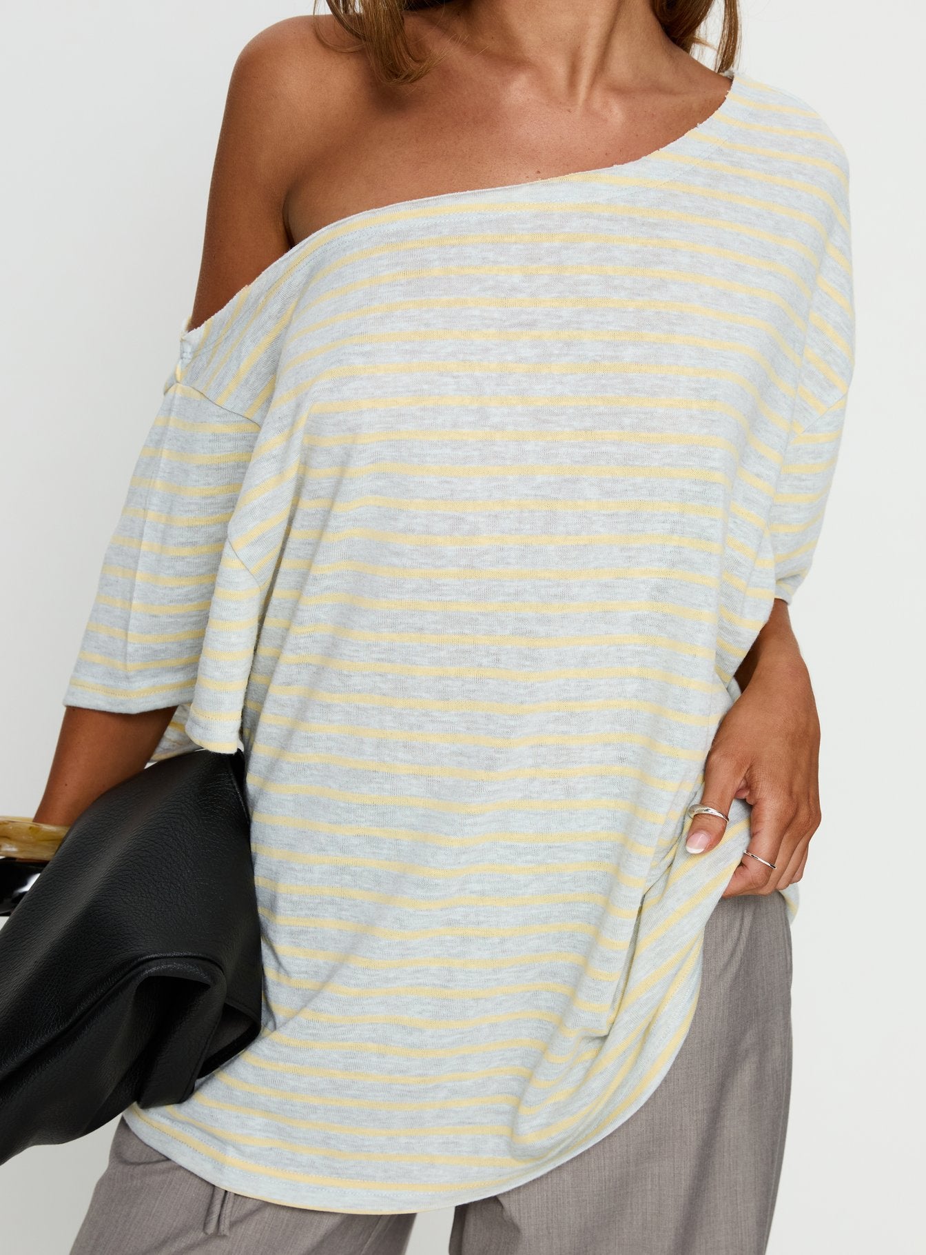 Winny Off Shoulder Tee Grey Marle / Lemon Stripe - Image 6