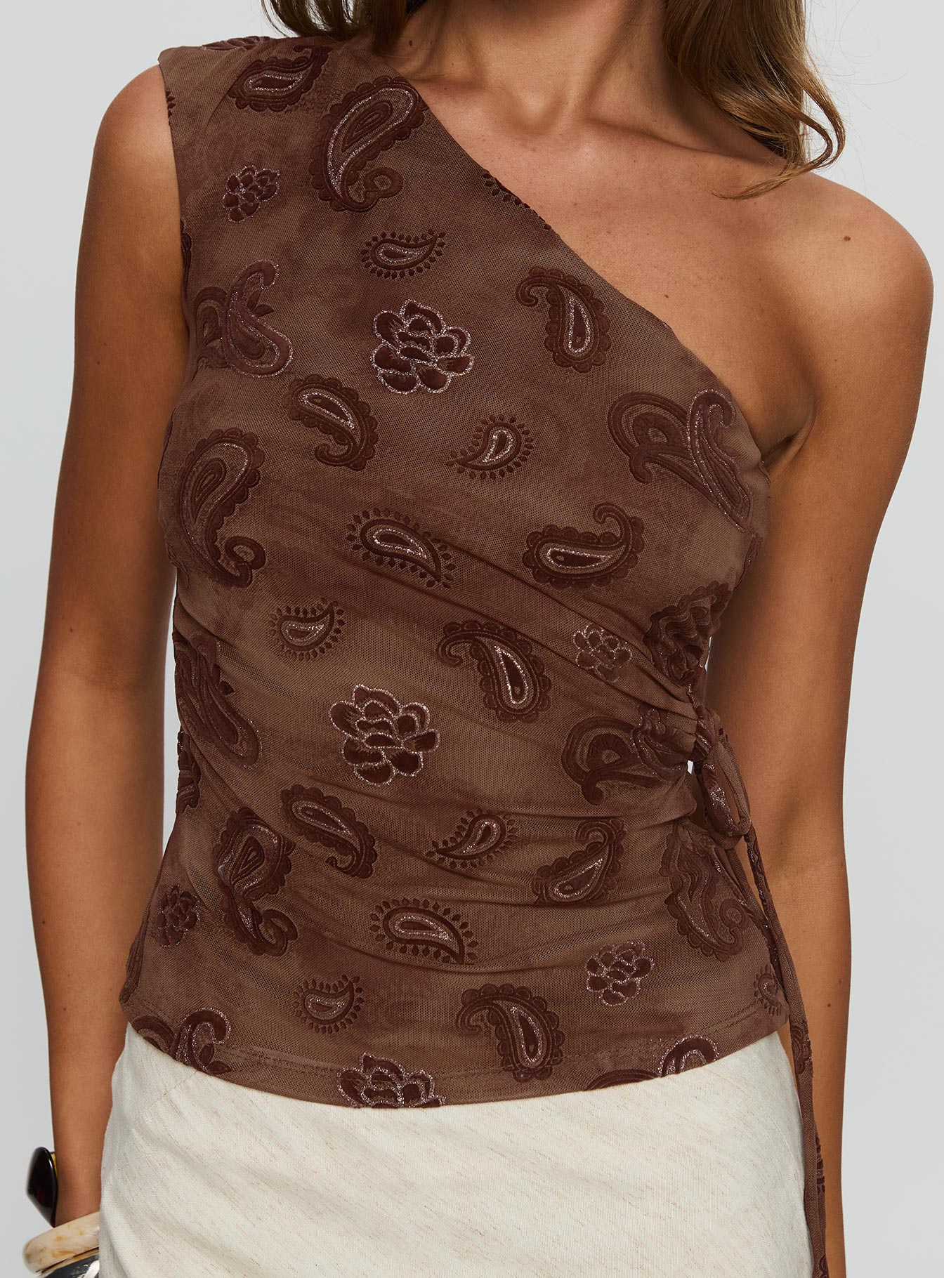 Addysin One Shoulder Top Brown Paisley - Image 6
