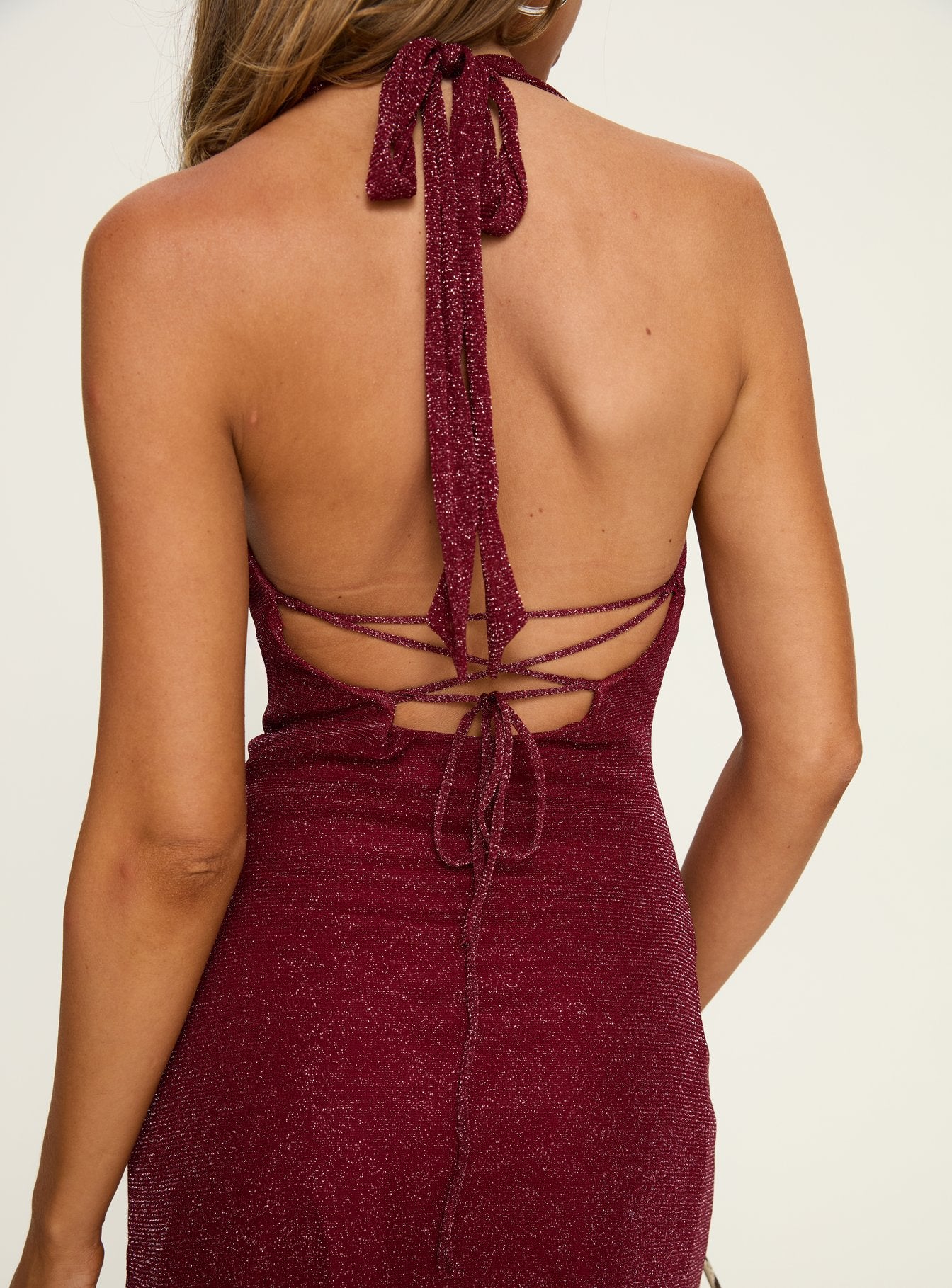 Hypnotise Ruched Halter Mini Dress Burgundy Shimmer - Image 5