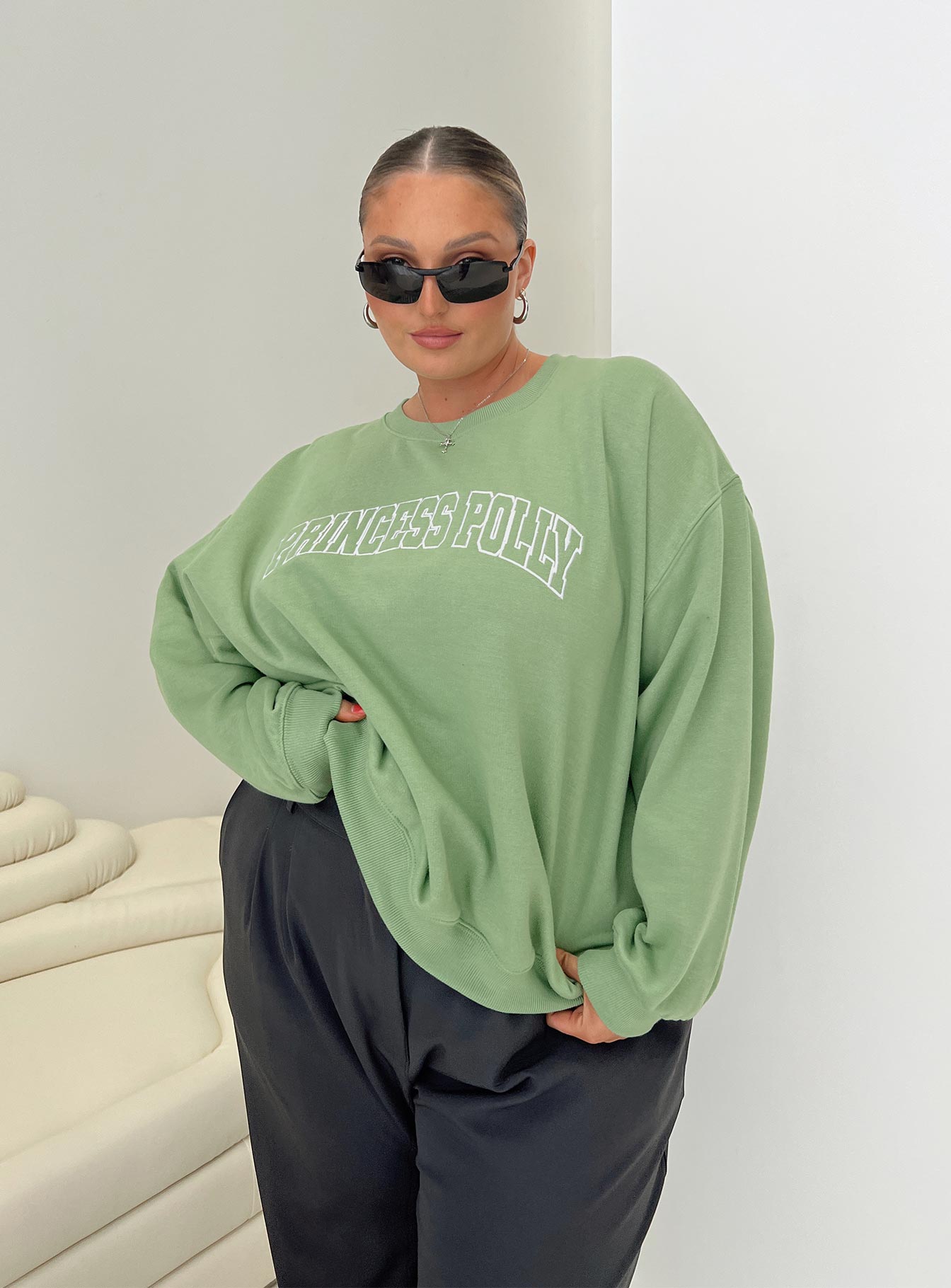 Princess Polly Crew Neck Sweatshirt Collegiate Text Green Curve - Image 6