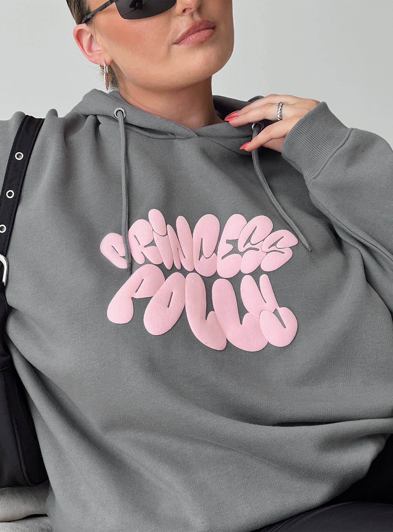 Princess Polly Hooded Sweatshirt Bubble Text Charcoal / Light Pink Curve - Image 6