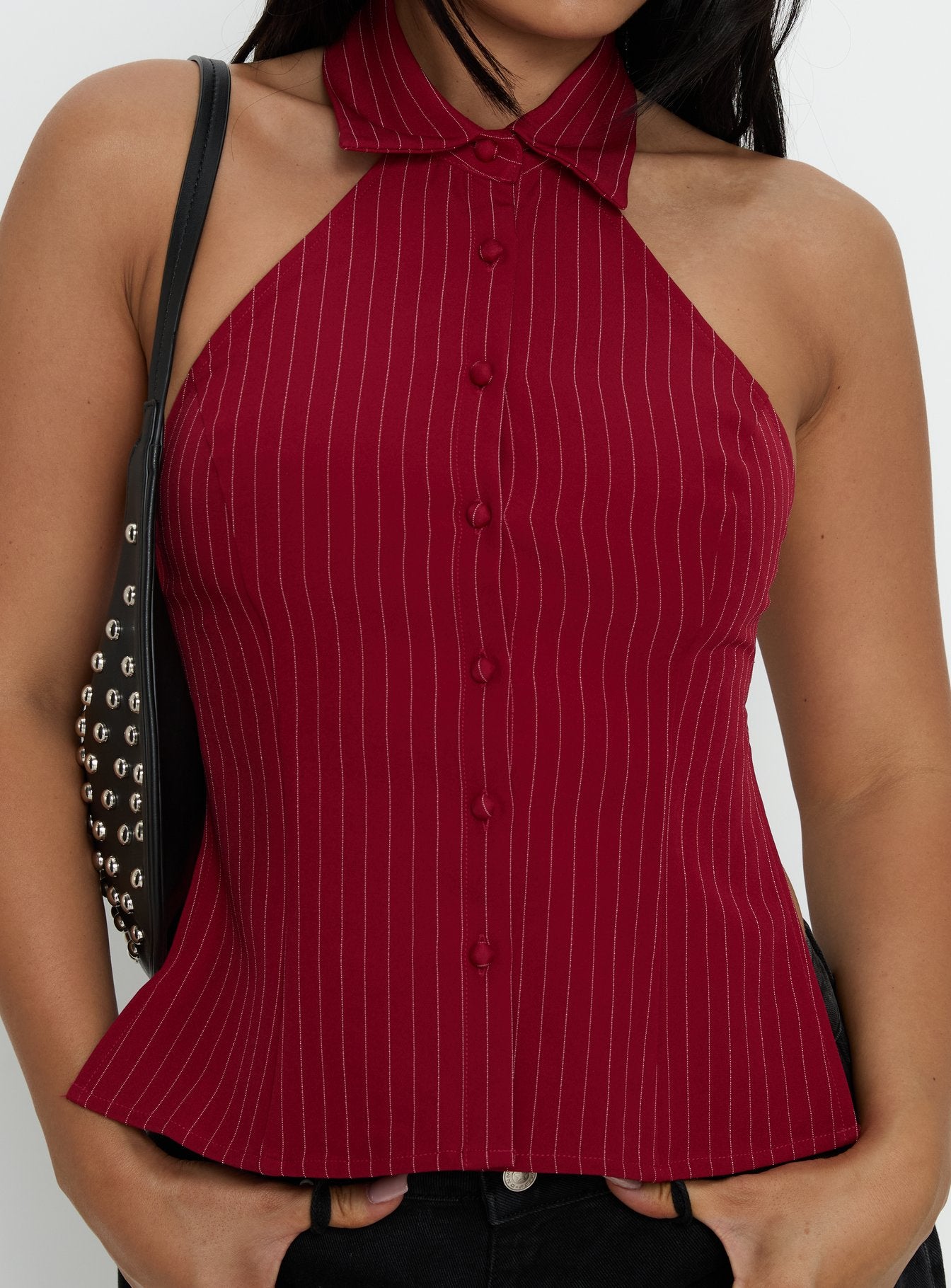 Roanne Backless Collared Top Red Stripe - Image 6