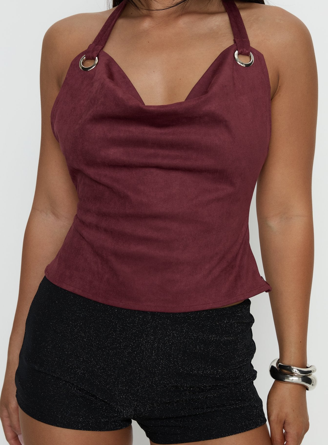 Yasenia Faux Suede Halter Top Burgundy - Image 6