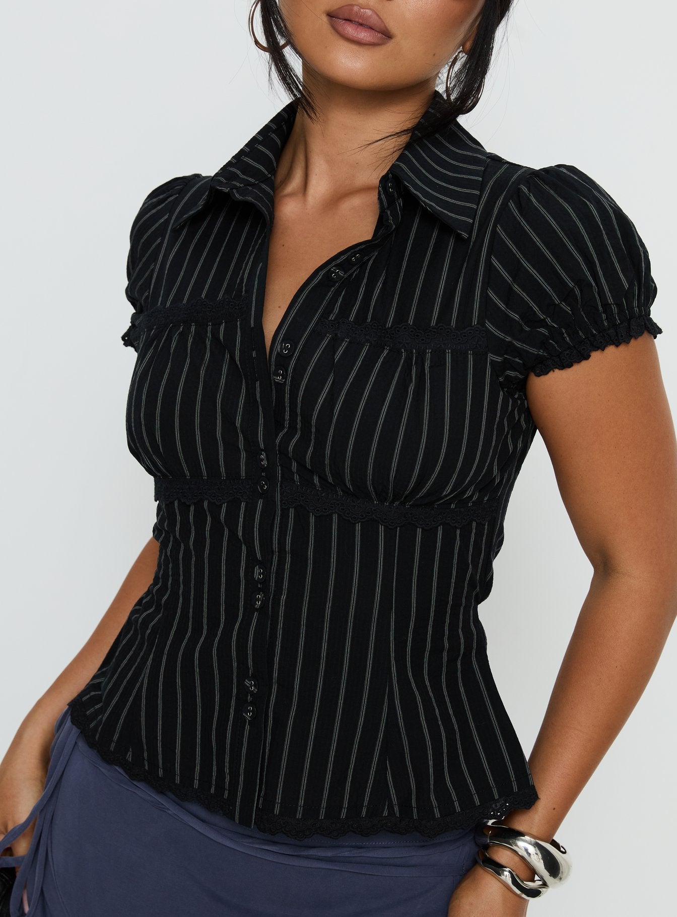 Deserve You Puff Sleeve Button Front Top Black Stripe - Image 6