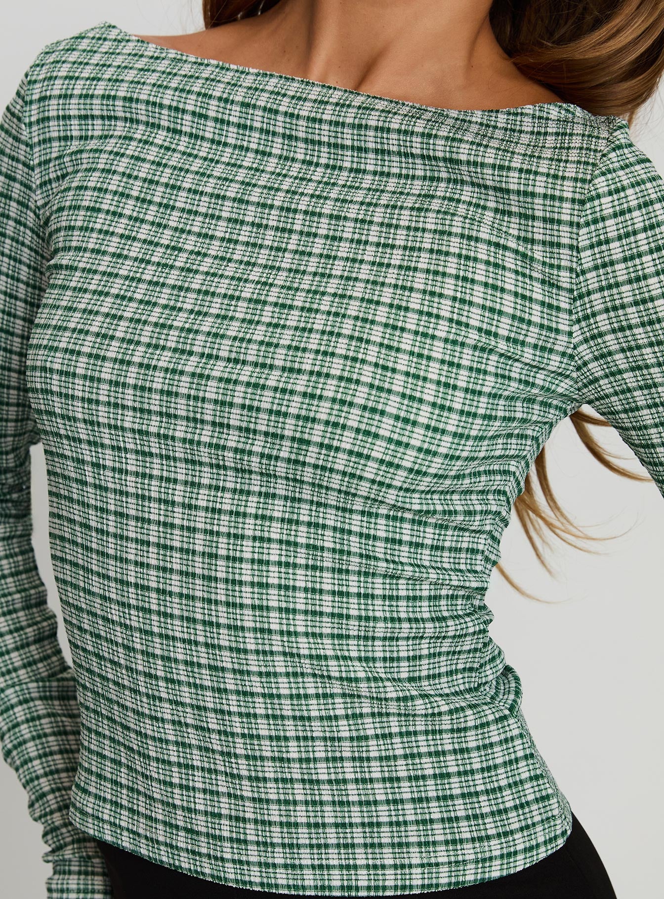 Every Second Boat Neck Long Sleeve Top Green Check - Image 6