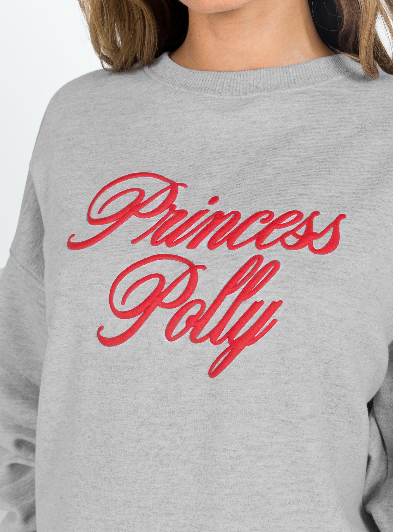 Princess Polly Crew Neck Sweatshirt Cursive Text Grey Marle / Red - Image 7