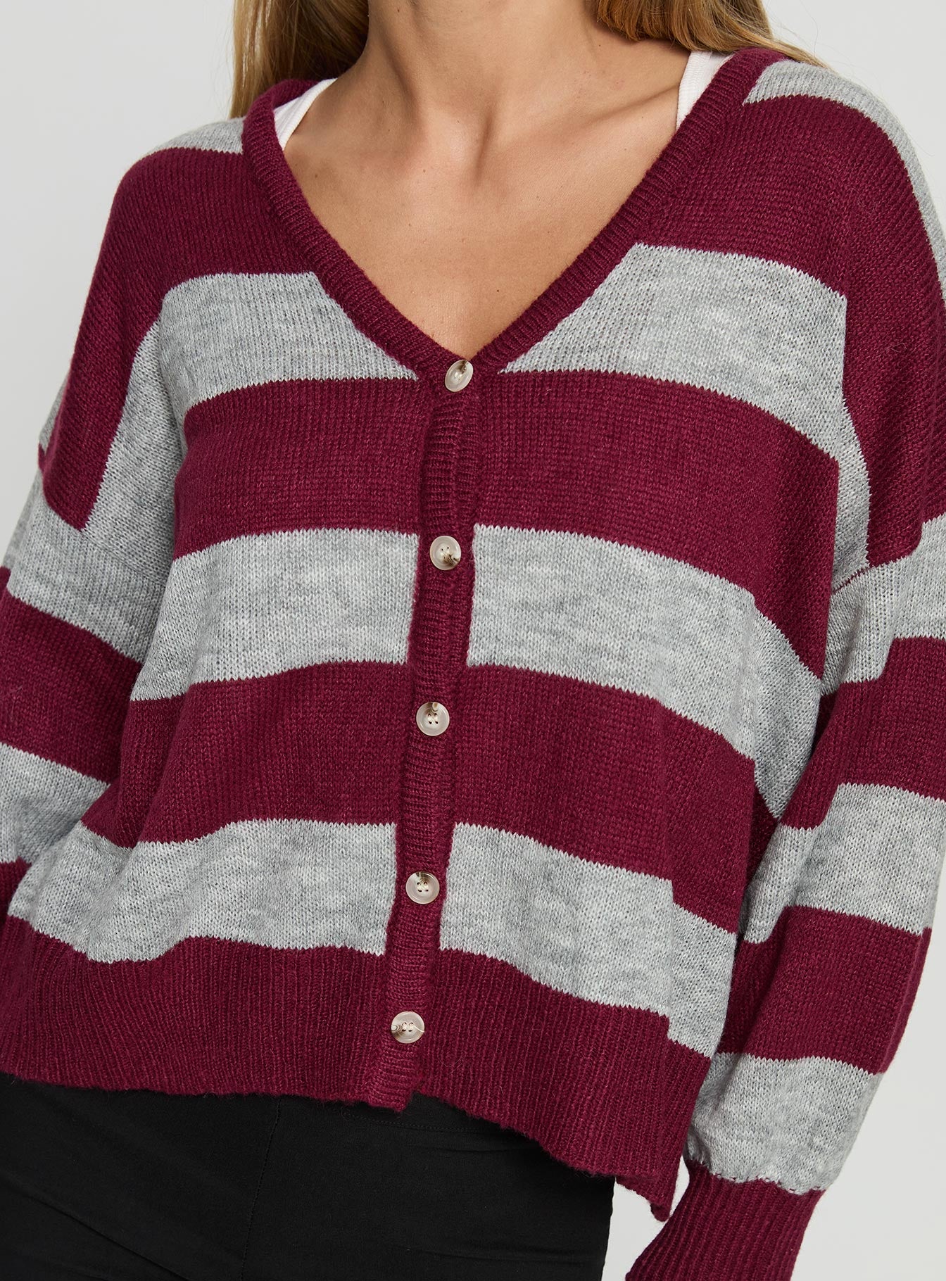 Devvon V Neck Knit Cardigan Red Stripe - Image 5